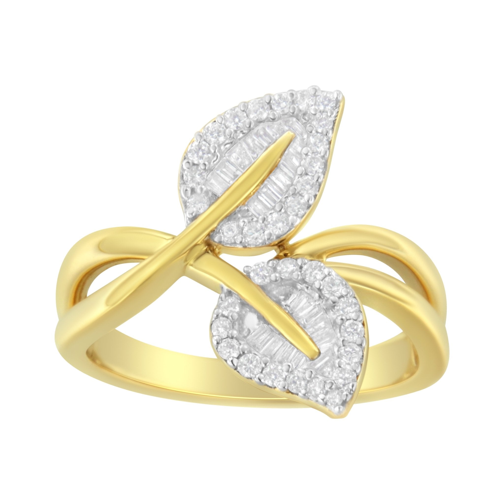 10K Yellow Gold 3/8 Cttw Round and Baguette - Cut Diamond Leaf Cocktail Ring (I - J Color, I1 - I2 Clarity) - Tuesday Morning - Rings