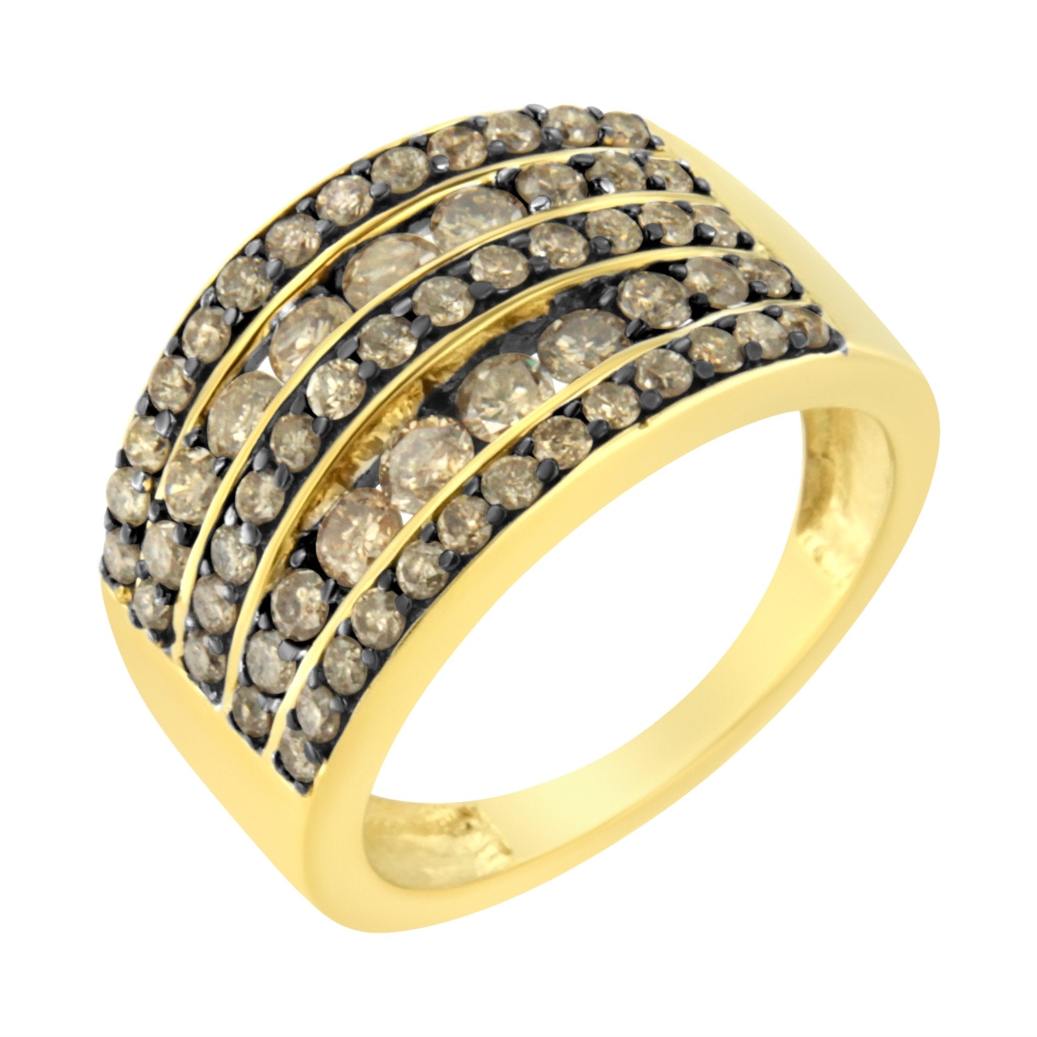 10K Yellow Gold Over .925 Sterling Silver 1 1/2 cttw Black Rhodium Shared - Prong Round - Cut Diamond 5 Row Band Ring (J - K Color, I1 - I2 Clarity) - Tuesday Morning - Rings