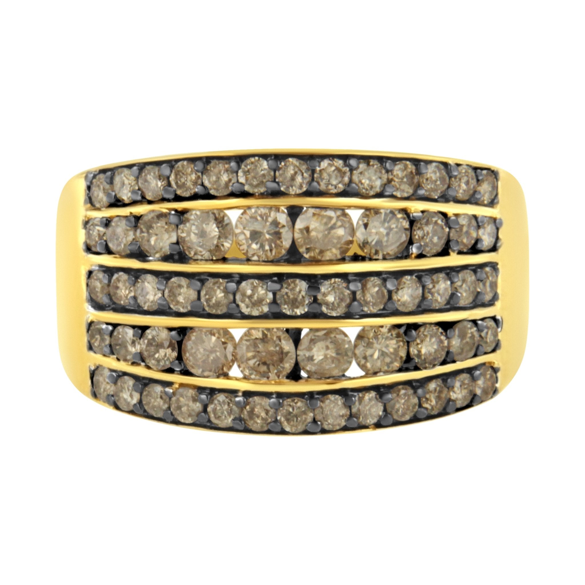 10K Yellow Gold Over .925 Sterling Silver 1 1/2 cttw Black Rhodium Shared - Prong Round - Cut Diamond 5 Row Band Ring (J - K Color, I1 - I2 Clarity) - Tuesday Morning - Rings