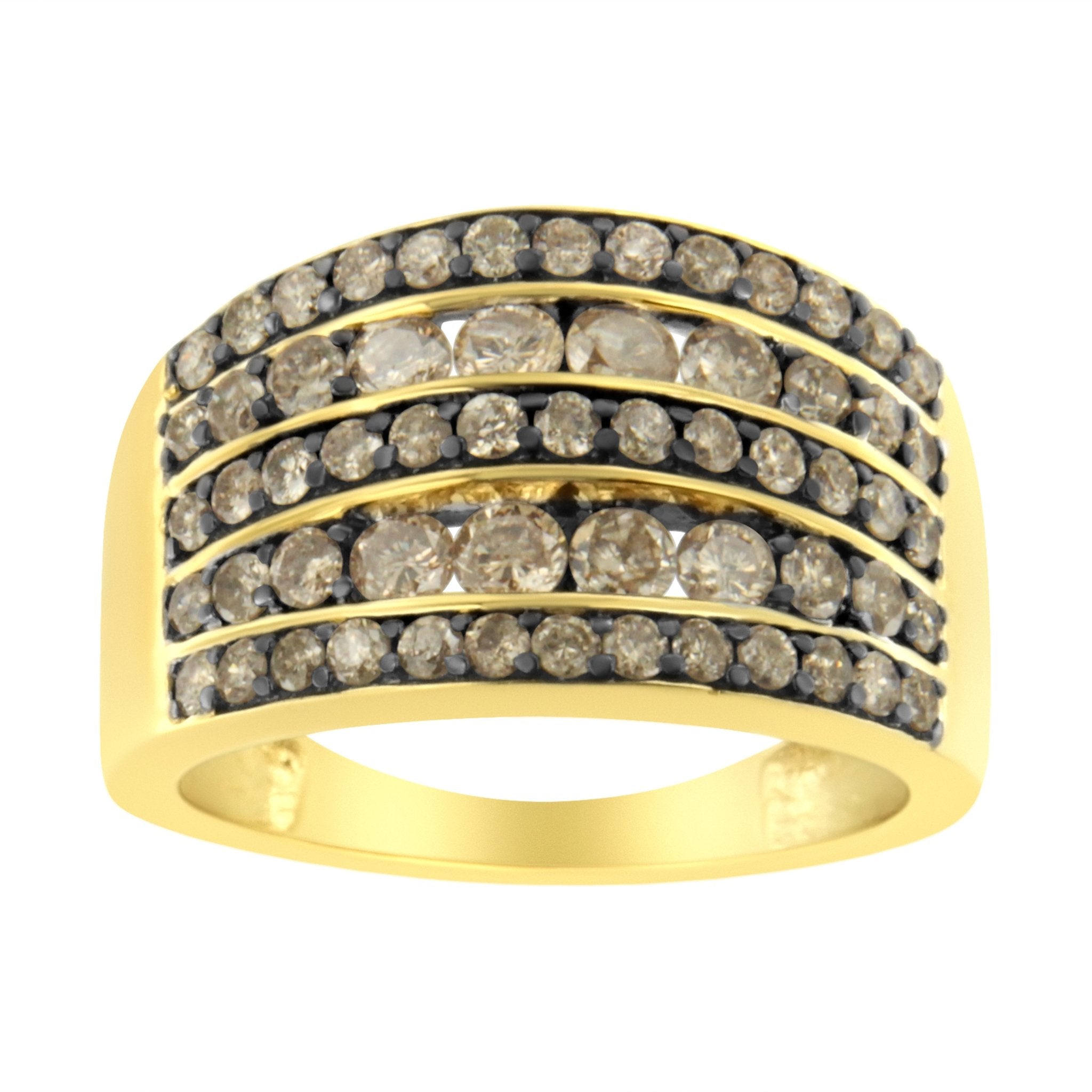 10K Yellow Gold Over .925 Sterling Silver 1 1/2 cttw Black Rhodium Shared - Prong Round - Cut Diamond 5 Row Band Ring (J - K Color, I1 - I2 Clarity) - Tuesday Morning - Rings