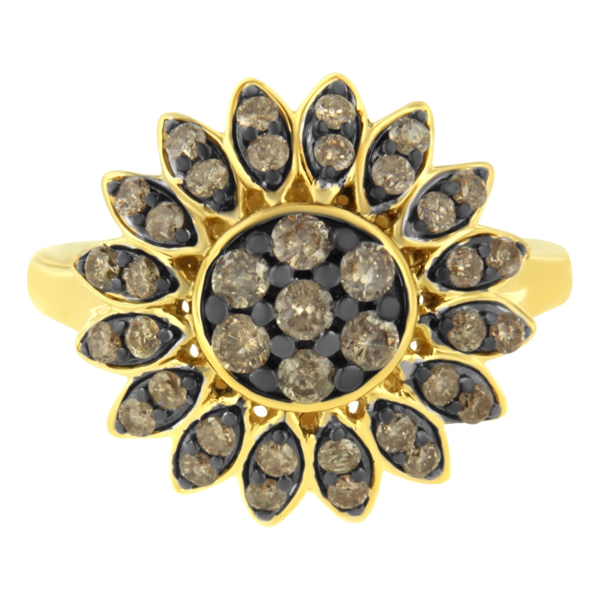 10K Yellow Gold Plated .925 Sterling Silver 1 cttw Prong Set Round - Cut Diamond Floral Cocktail Ring (I1 - I2 Clarity, J - K Color) - Tuesday Morning - Rings