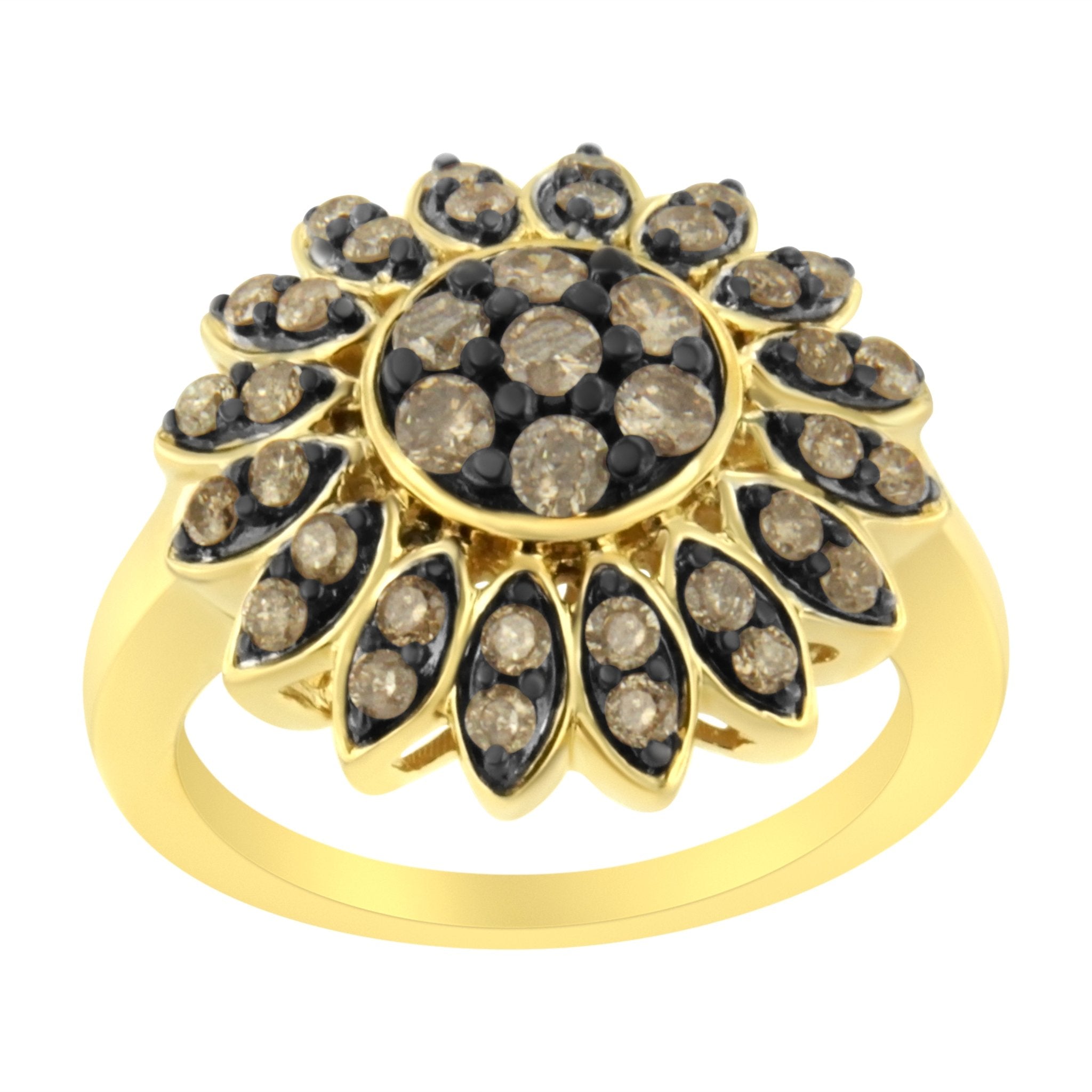 10K Yellow Gold Plated .925 Sterling Silver 1 cttw Prong Set Round - Cut Diamond Floral Cocktail Ring (I1 - I2 Clarity, J - K Color) - Tuesday Morning - Rings