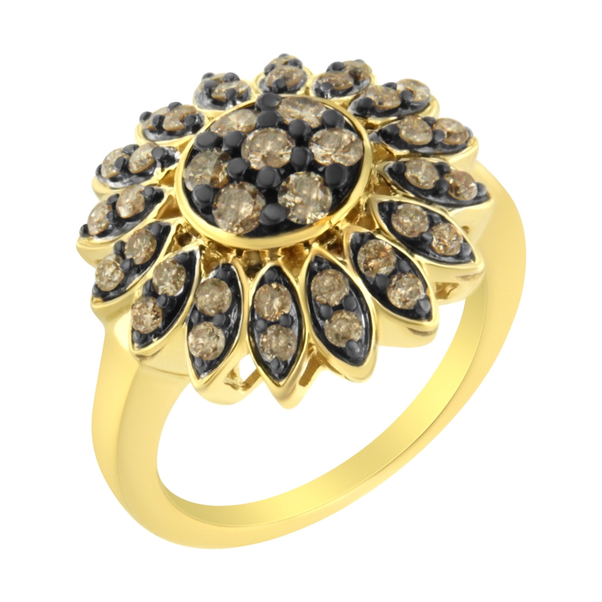 10K Yellow Gold Plated .925 Sterling Silver 1 cttw Prong Set Round - Cut Diamond Floral Cocktail Ring (I1 - I2 Clarity, J - K Color) - Tuesday Morning - Rings