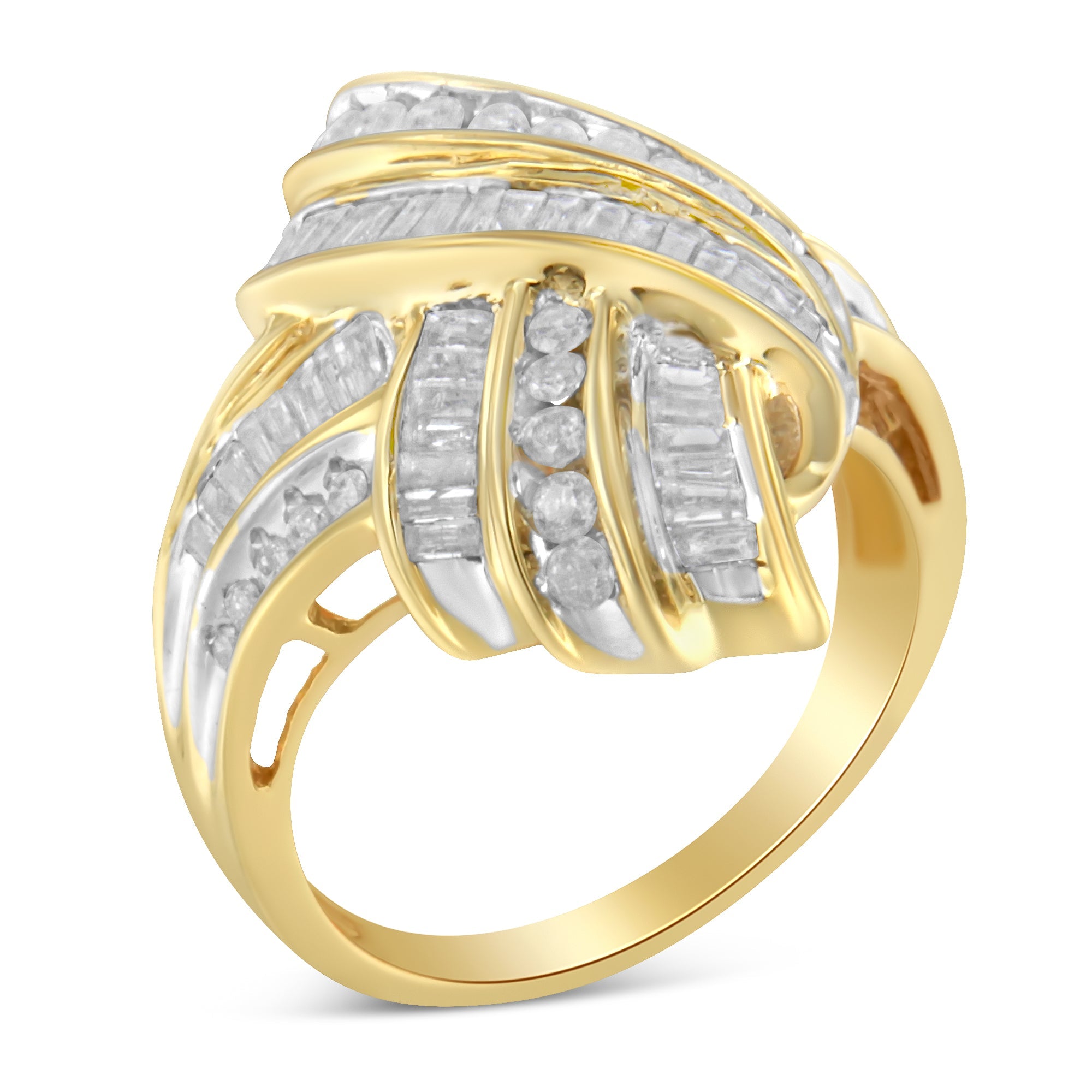 10K Yellow Gold Plated .925 Sterling Silver 1.0 Cttw Round & Baguette Diamond Knot Channel Statement Ring (I - J Color, I2 - I3 Clarity) - Tuesday Morning - Rings