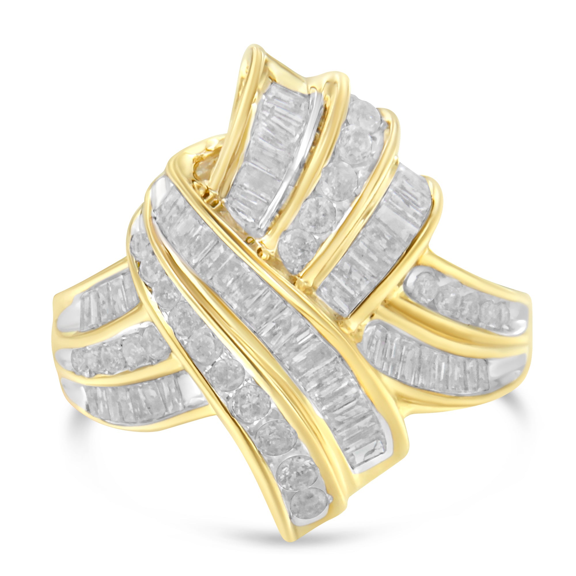 10K Yellow Gold Plated .925 Sterling Silver 1.0 Cttw Round & Baguette Diamond Knot Channel Statement Ring (I - J Color, I2 - I3 Clarity) - Tuesday Morning - Rings