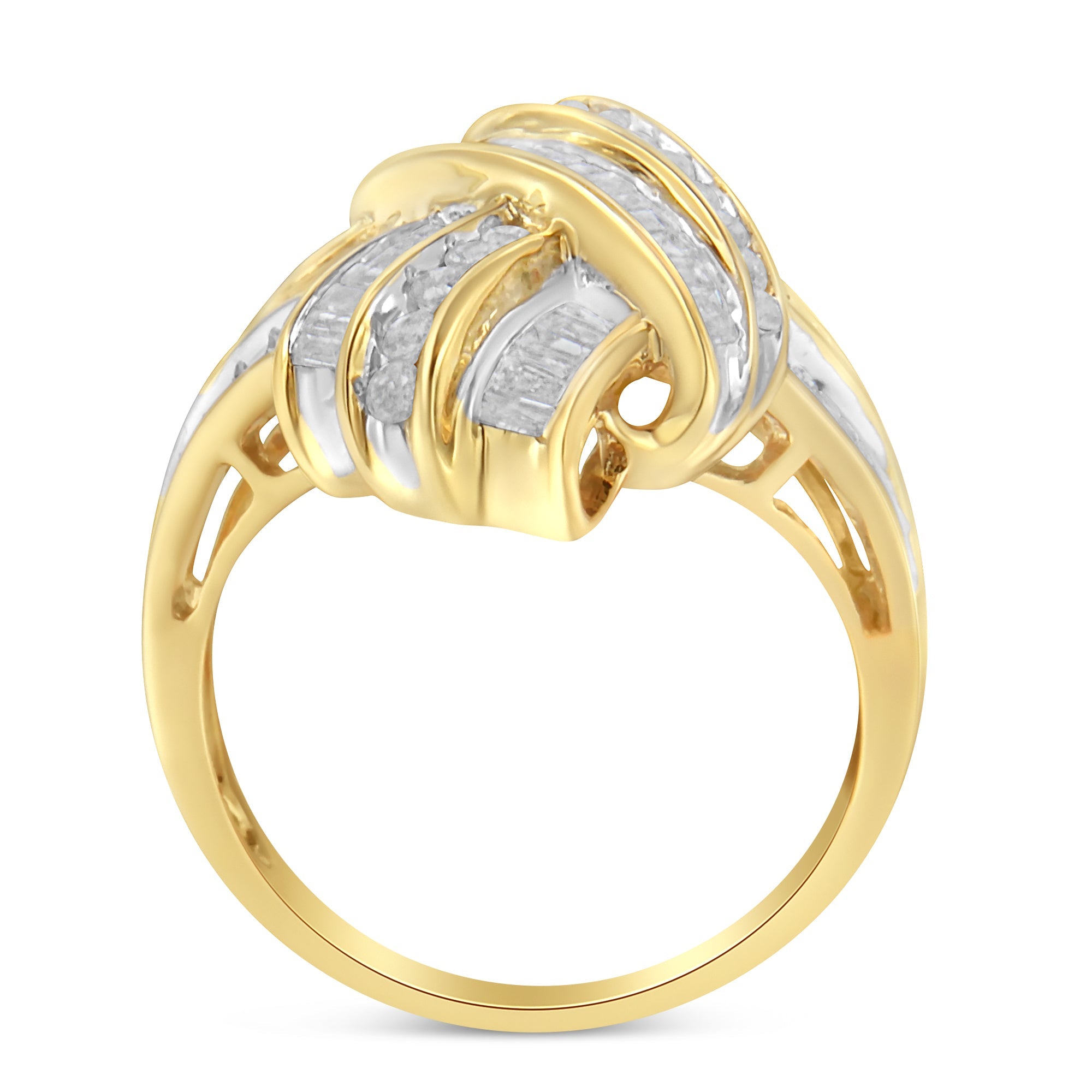 10K Yellow Gold Plated .925 Sterling Silver 1.0 Cttw Round & Baguette Diamond Knot Channel Statement Ring (I - J Color, I2 - I3 Clarity) - Tuesday Morning - Rings