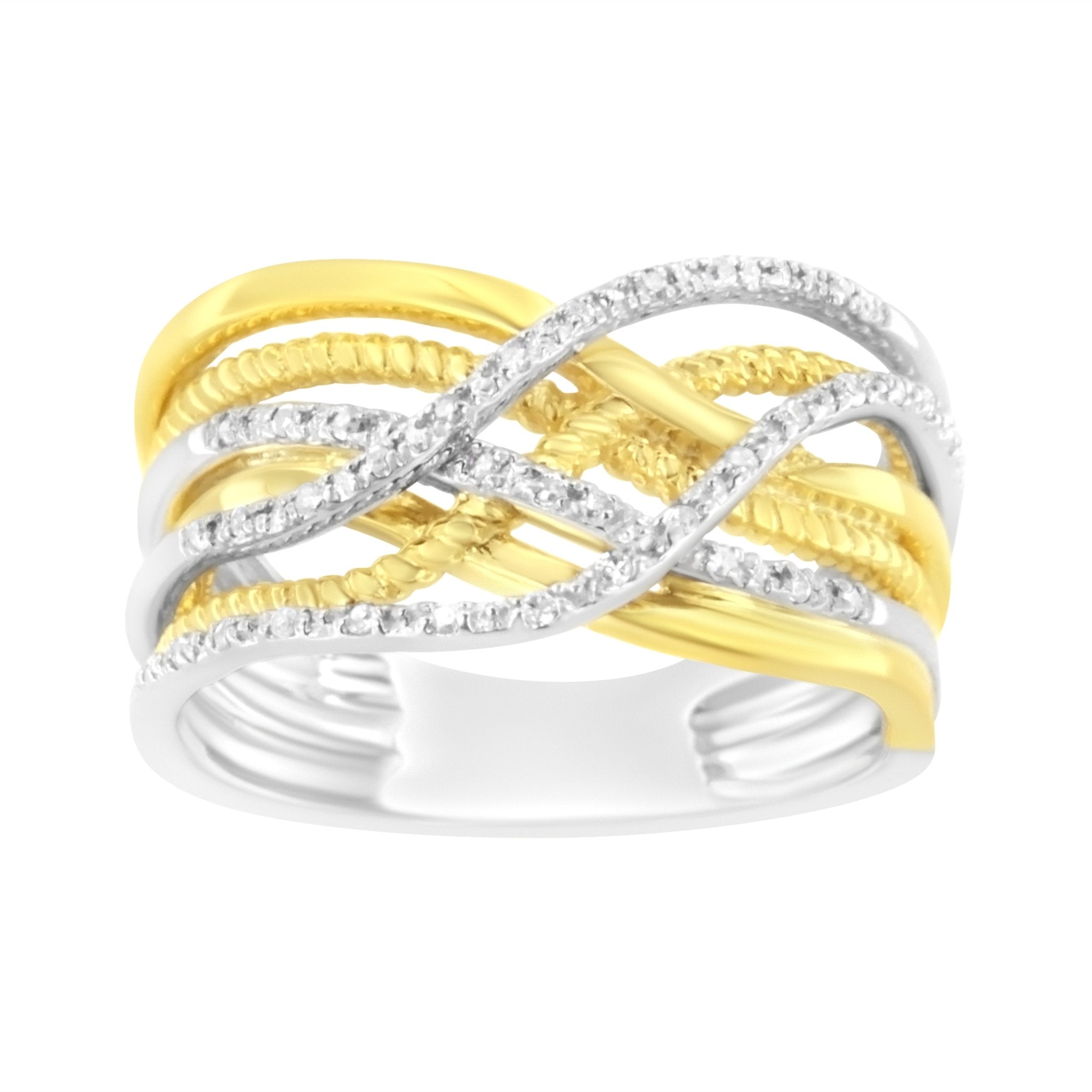 10K Yellow Gold Plated .925 Sterling Silver 1/10 Cttw Diamond Multi Row Crossover Ring Band (I - J Color, I1 - I2 Clarity) - Tuesday Morning - Rings