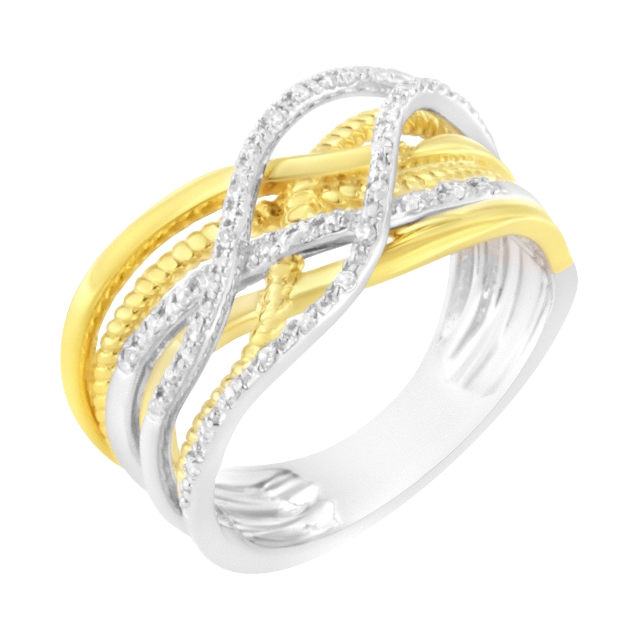 10K Yellow Gold Plated .925 Sterling Silver 1/10 Cttw Diamond Multi Row Crossover Ring Band (I - J Color, I1 - I2 Clarity) - Tuesday Morning - Rings