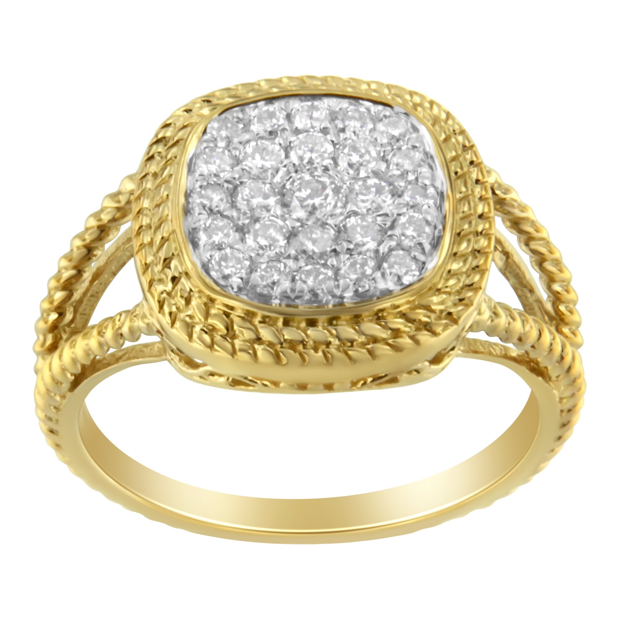 10K Yellow Gold Plated .925 Sterling Silver 1/2 Cttw Diamond Square Cushion Cluster Split Shank Cocktail Ring (J - K Color, I2 - I3 Clarity) - Tuesday Morning - Rings