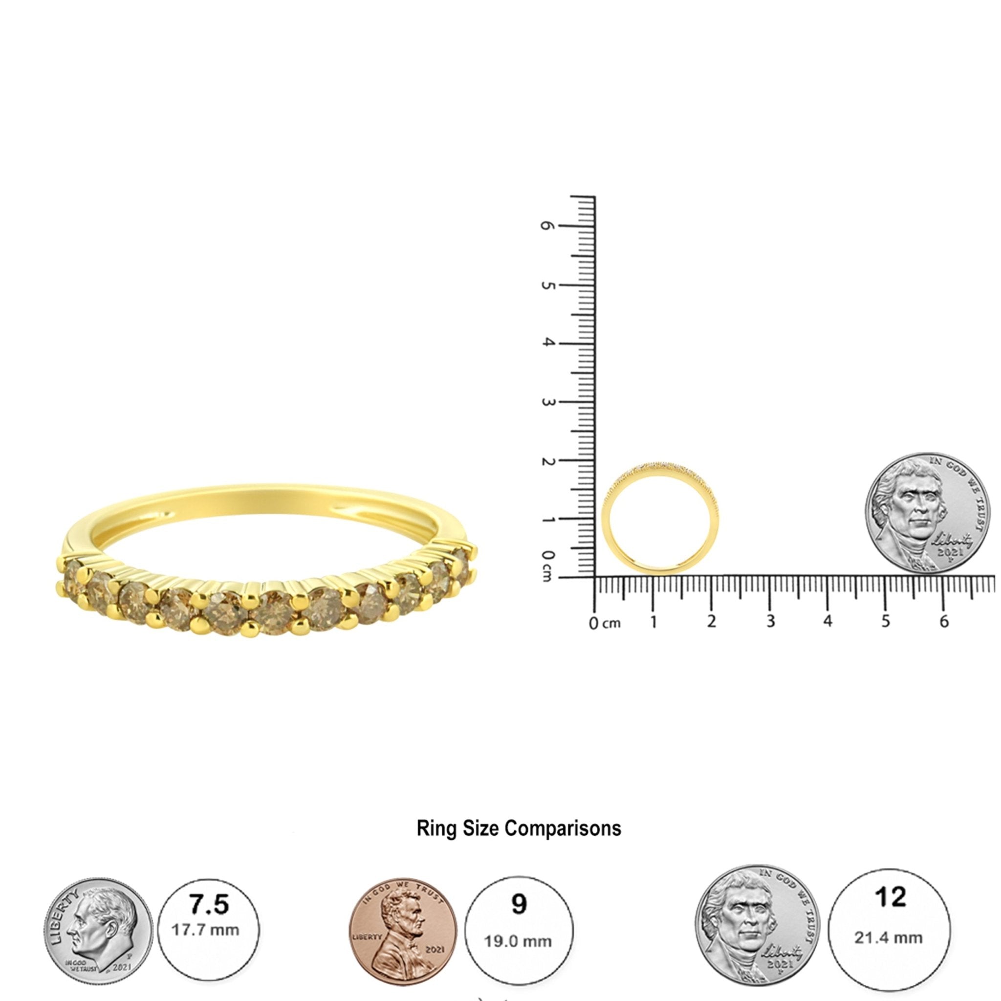 10K Yellow Gold Plated .925 Sterling Silver 1/4 Cttw Champagne Diamond 11 Stone Band Ring (K - L Color, I1 - I2 Clarity) - Tuesday Morning - Rings