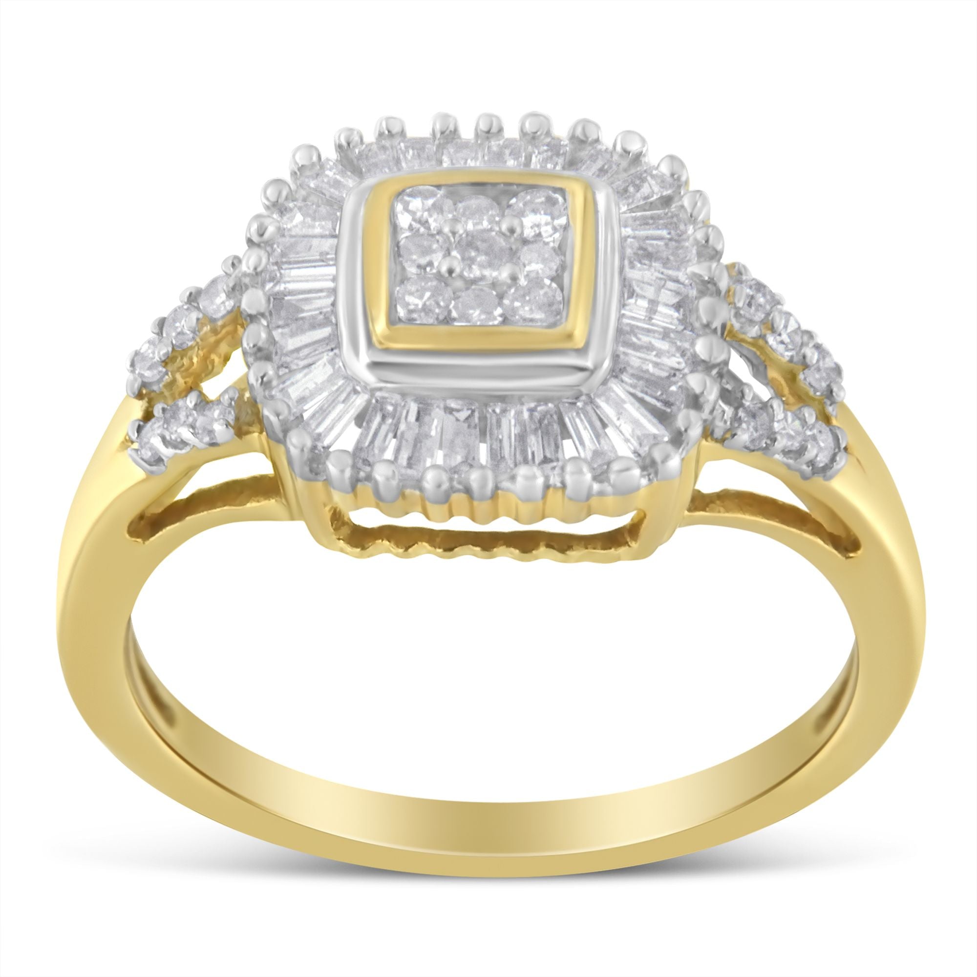 10K Yellow Gold Round and Baguette Cut Diamond Ballerina Ring (1/2 cttw, I - J Color, SI2 - I1 Clarity) - Tuesday Morning - Rings