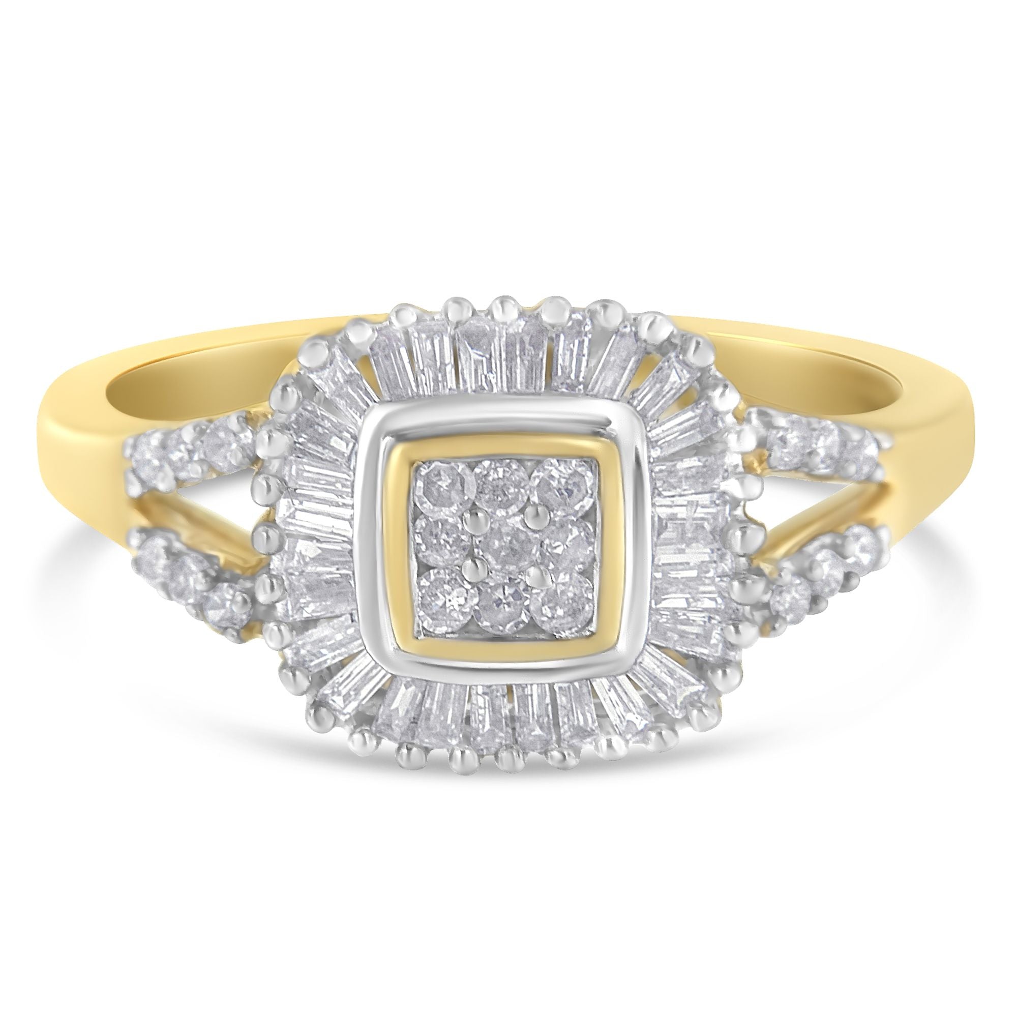 10K Yellow Gold Round and Baguette Cut Diamond Ballerina Ring (1/2 cttw, I - J Color, SI2 - I1 Clarity) - Tuesday Morning - Rings