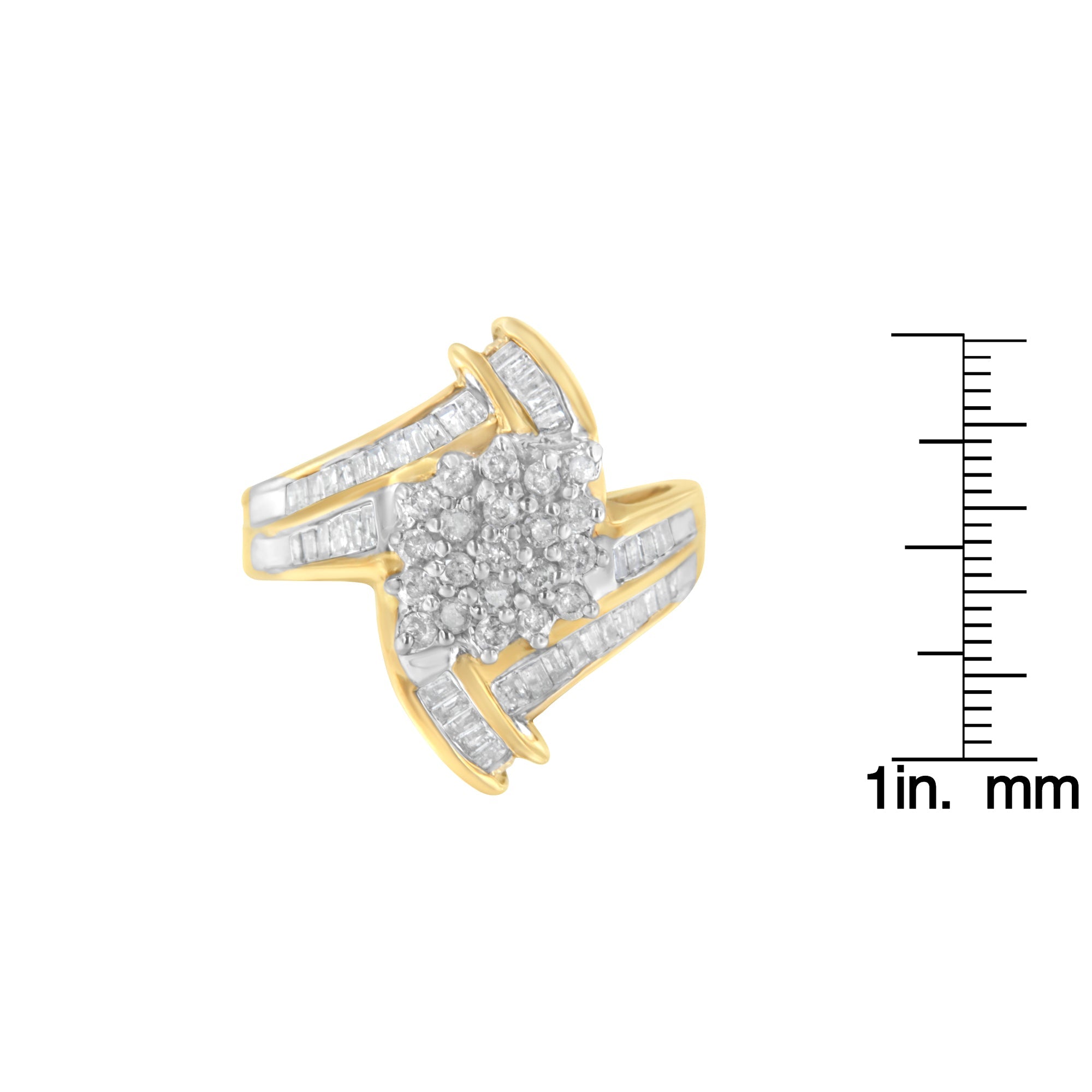 10K Yellow Gold Round and Baguette - Cut Diamond Bypass Cluster Ring (1.0 Cttw, I - J Color, I1 - I2 Clarity) - Tuesday Morning - Rings