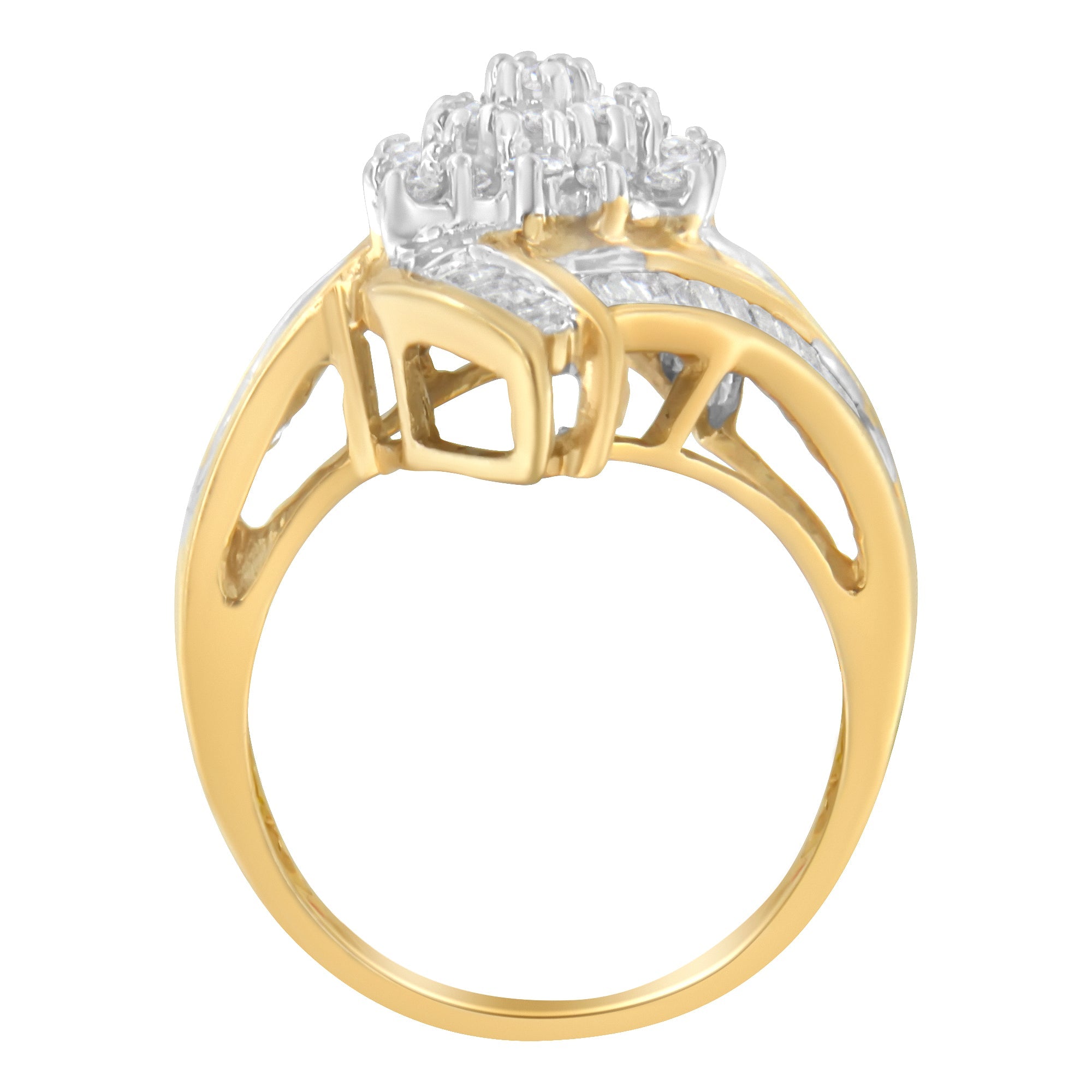 10K Yellow Gold Round and Baguette - Cut Diamond Bypass Cluster Ring (1.0 Cttw, I - J Color, I1 - I2 Clarity) - Tuesday Morning - Rings