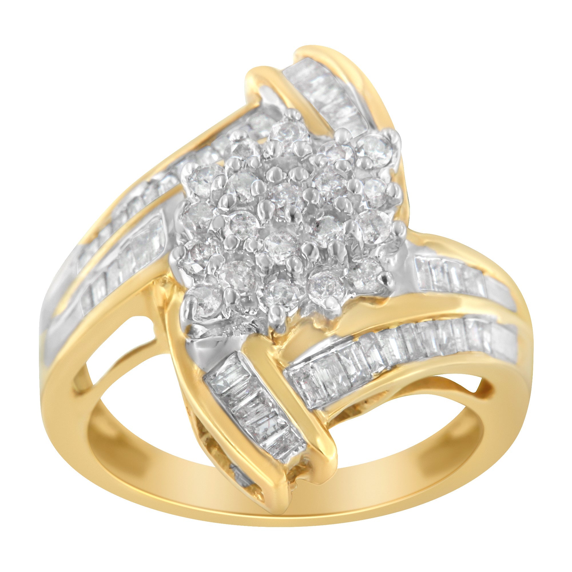 10K Yellow Gold Round and Baguette - Cut Diamond Bypass Cluster Ring (1.0 Cttw, I - J Color, I1 - I2 Clarity) - Tuesday Morning - Rings