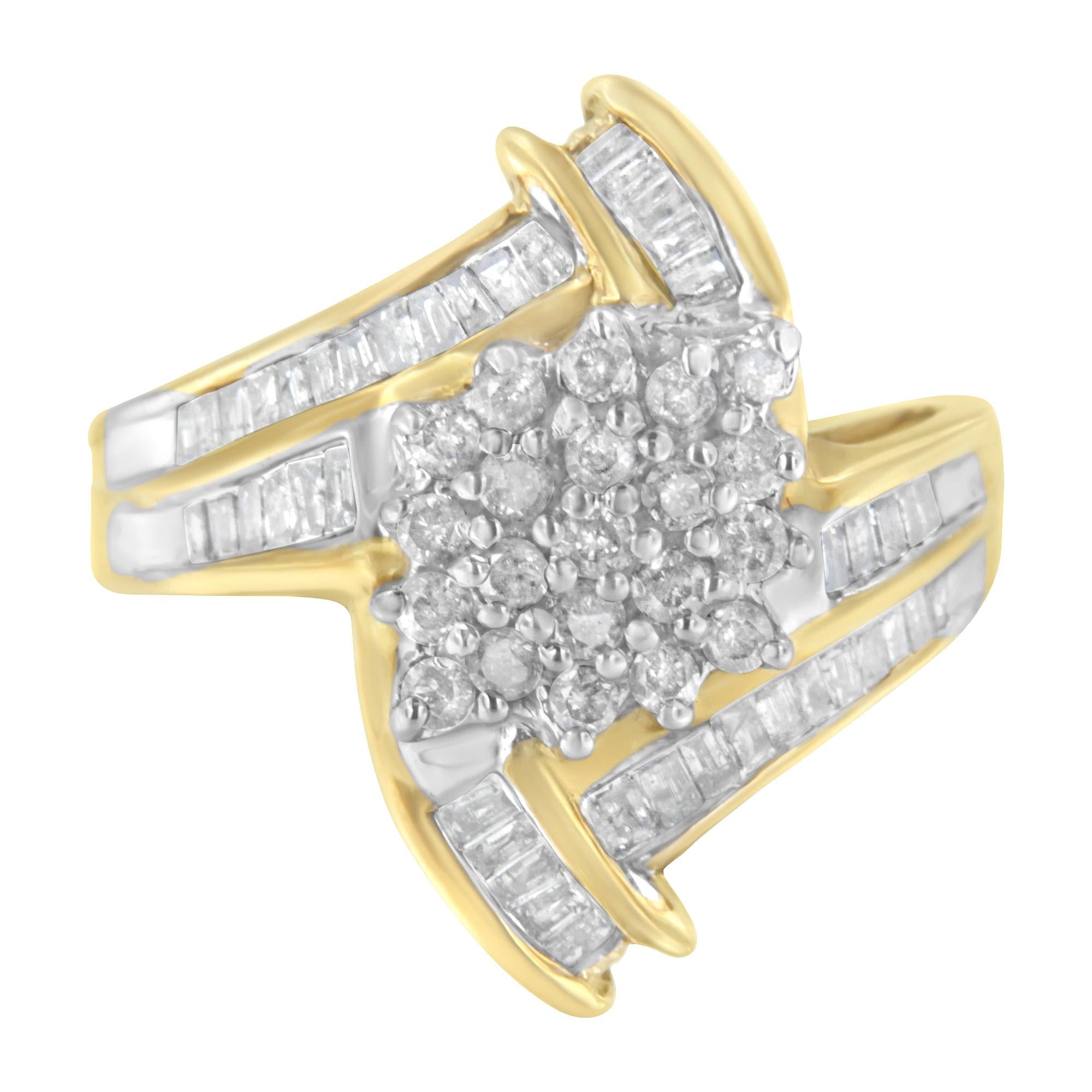 10K Yellow Gold Round and Baguette - Cut Diamond Bypass Cluster Ring (1.0 Cttw, I - J Color, I1 - I2 Clarity) - Tuesday Morning - Rings