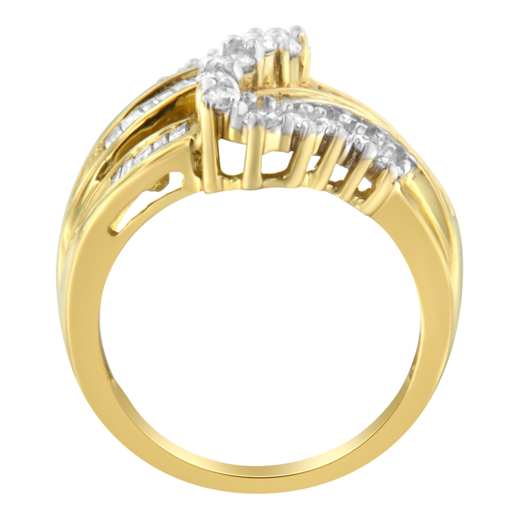 10K Yellow Gold Round and Baguette Cut Diamond Bypass Ring (1 Cttw, J - K Color, I2 - I3 Clarity) - Tuesday Morning - Rings