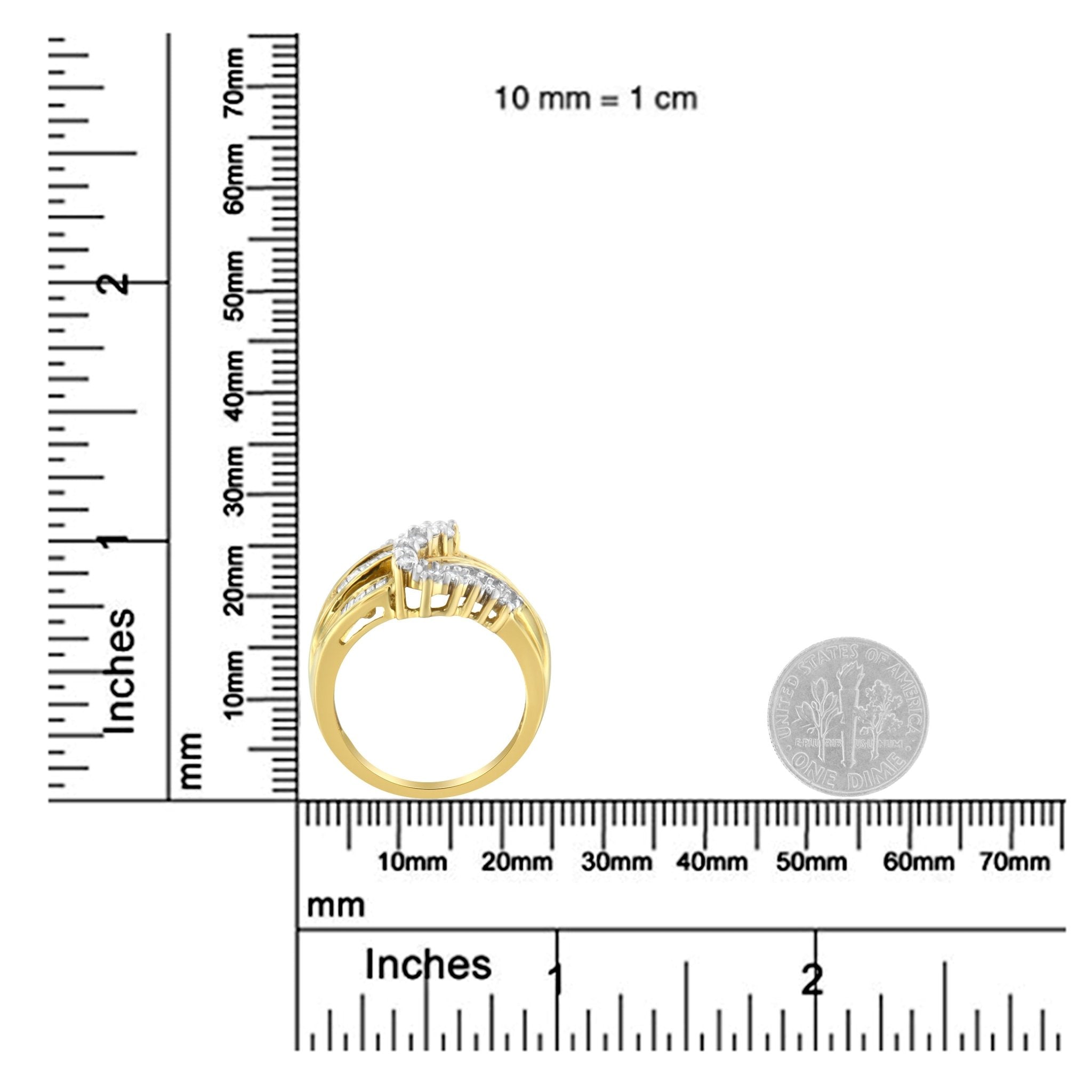 10K Yellow Gold Round and Baguette Cut Diamond Bypass Ring (1 Cttw, J - K Color, I2 - I3 Clarity) - Tuesday Morning - Rings