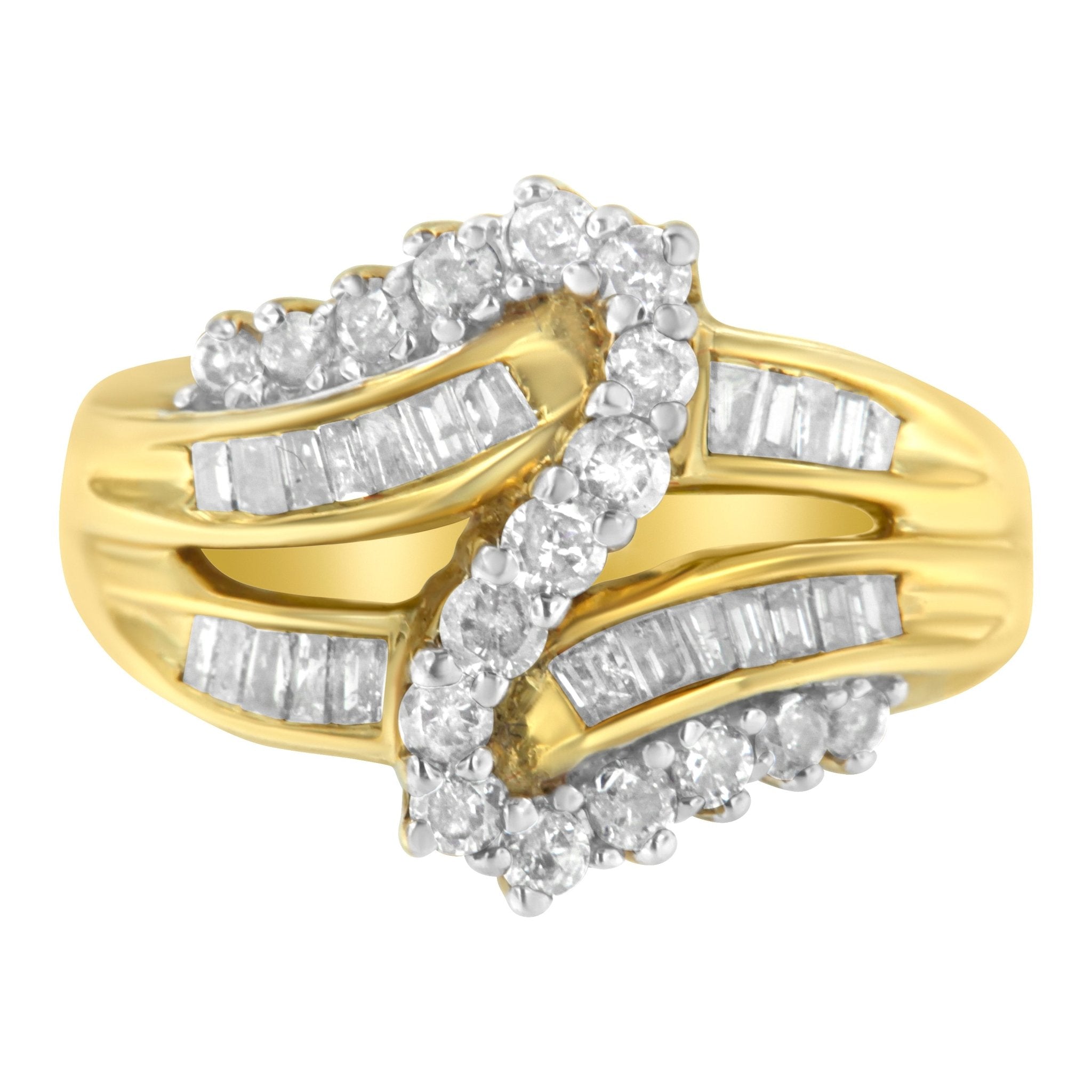 10K Yellow Gold Round and Baguette Cut Diamond Bypass Ring (1 Cttw, J - K Color, I2 - I3 Clarity) - Tuesday Morning - Rings