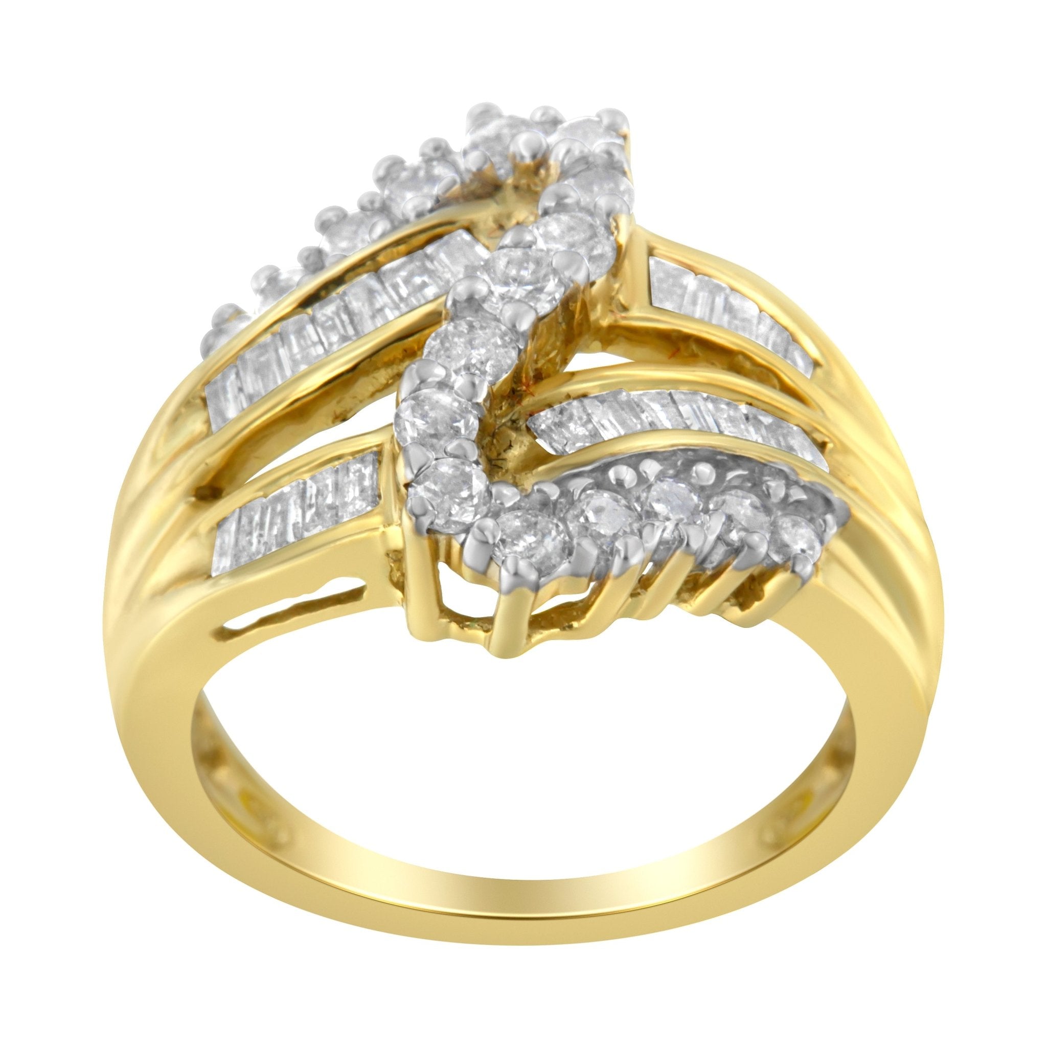 10K Yellow Gold Round and Baguette Cut Diamond Bypass Ring (1 Cttw, J - K Color, I2 - I3 Clarity) - Tuesday Morning - Rings