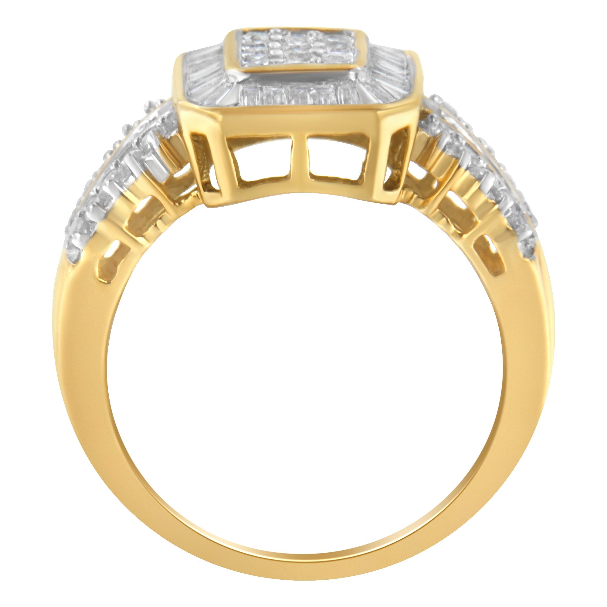 10K Yellow Gold Round and Baguette - Cut Diamond Cluster Ring (1.0 Cttw, I - J Color, SI1 - SI2 Clarity) - Tuesday Morning - Rings