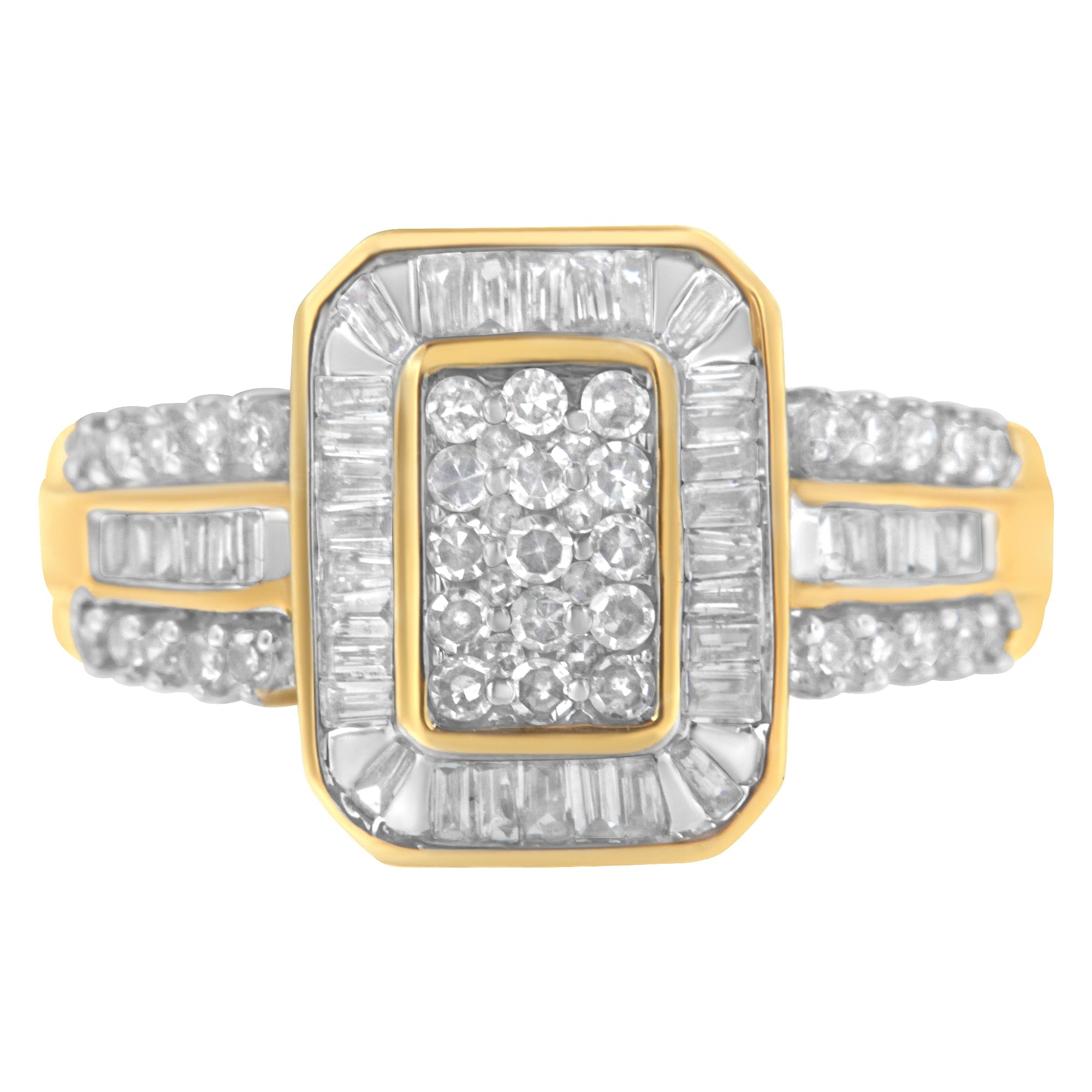 10K Yellow Gold Round and Baguette - Cut Diamond Cluster Ring (1.0 Cttw, I - J Color, SI1 - SI2 Clarity) - Tuesday Morning - Rings