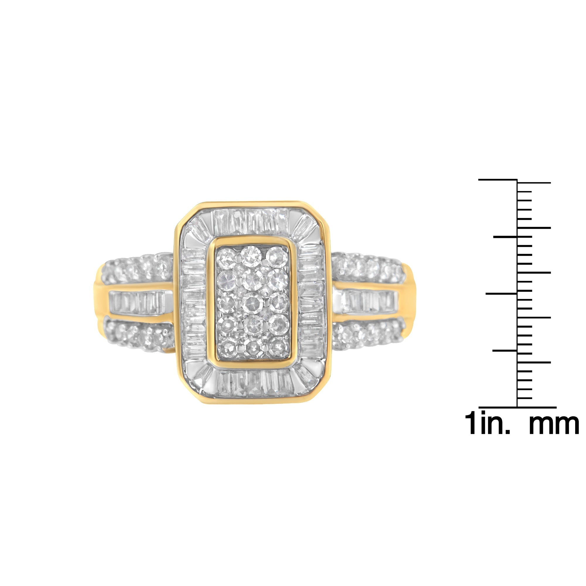 10K Yellow Gold Round and Baguette - Cut Diamond Cluster Ring (1.0 Cttw, I - J Color, SI1 - SI2 Clarity) - Tuesday Morning - Rings