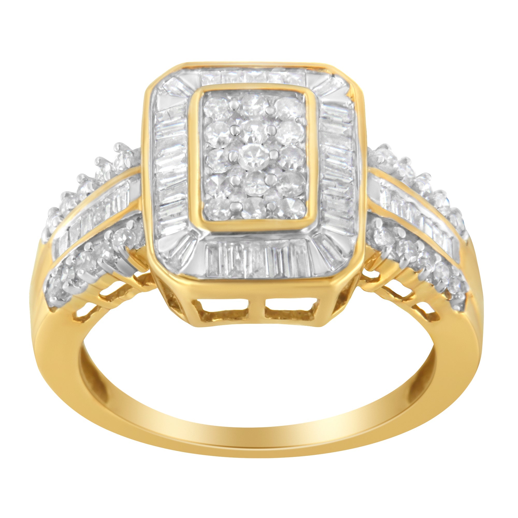 10K Yellow Gold Round and Baguette - Cut Diamond Cluster Ring (1.0 Cttw, I - J Color, SI1 - SI2 Clarity) - Tuesday Morning - Rings