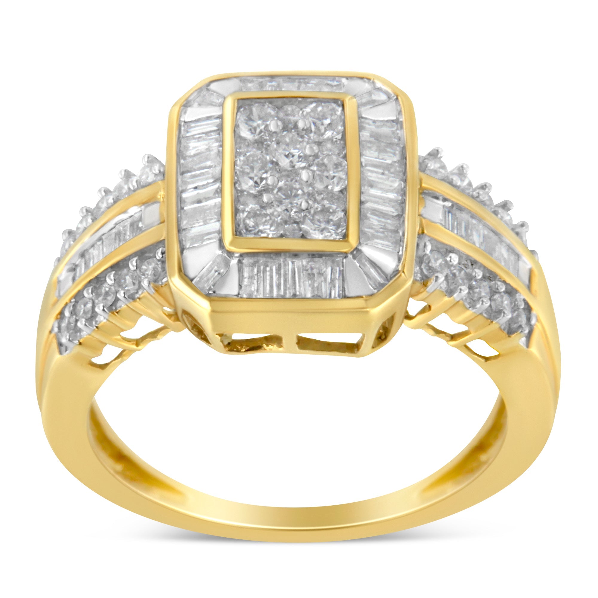 10K Yellow Gold Round and Baguette - Cut Diamond Cocktail Ring (1.0 Cttw, H - I Color, SI2 - I1 Clarity) - Tuesday Morning - Rings