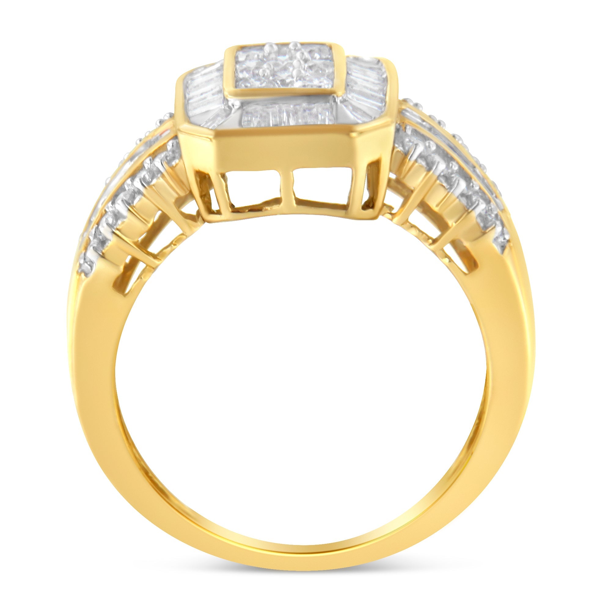 10K Yellow Gold Round and Baguette - Cut Diamond Cocktail Ring (1.0 Cttw, H - I Color, SI2 - I1 Clarity) - Tuesday Morning - Rings