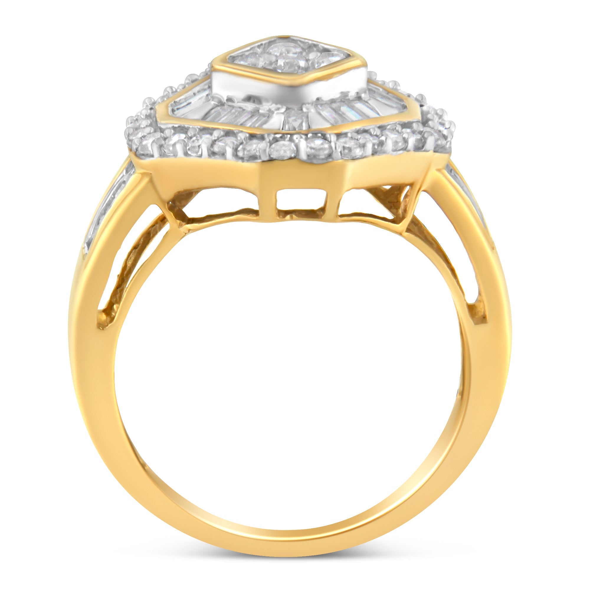 10K Yellow Gold Round and Baguette - Cut Diamond Cocktail Ring (1.0 Cttw, I - J Color, I1 - I2 Clarity) - Tuesday Morning - Rings