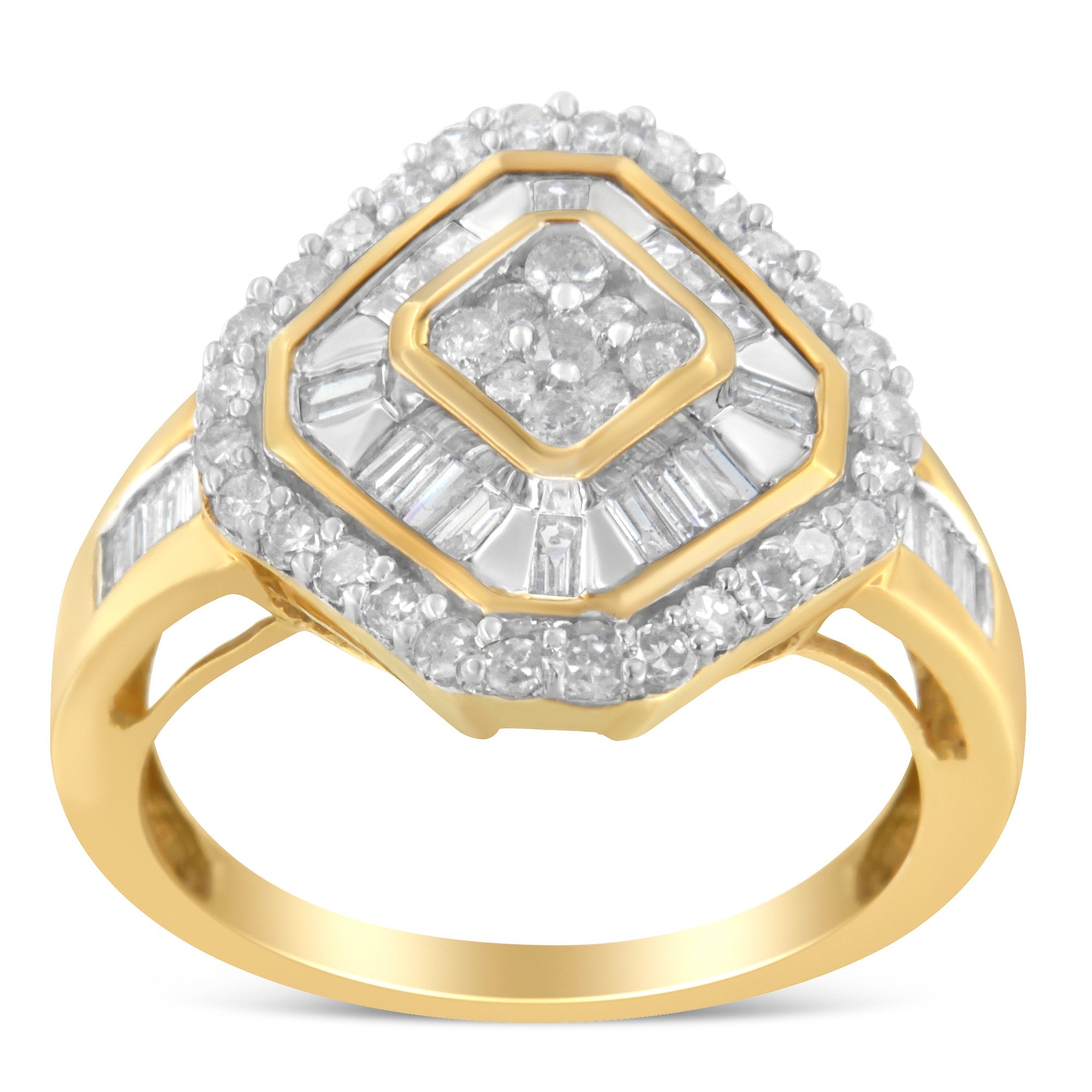 10K Yellow Gold Round and Baguette - Cut Diamond Cocktail Ring (1.0 Cttw, I - J Color, I1 - I2 Clarity) - Tuesday Morning - Rings