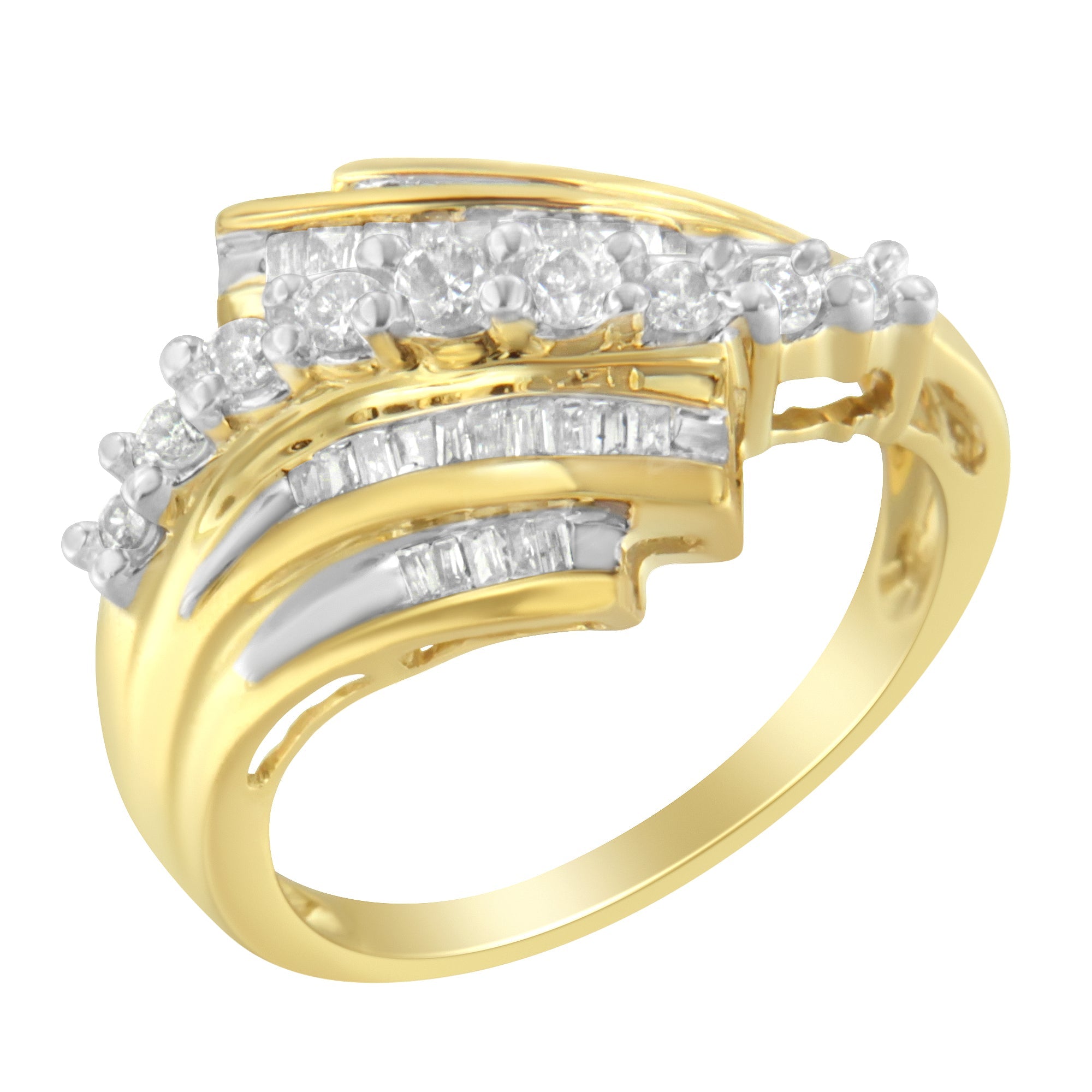 10K Yellow Gold Round and Baguette Diamond - Cut Ring (1/2 Cttw, I - J Color, I1 - I2 Clarity) - Tuesday Morning - Rings