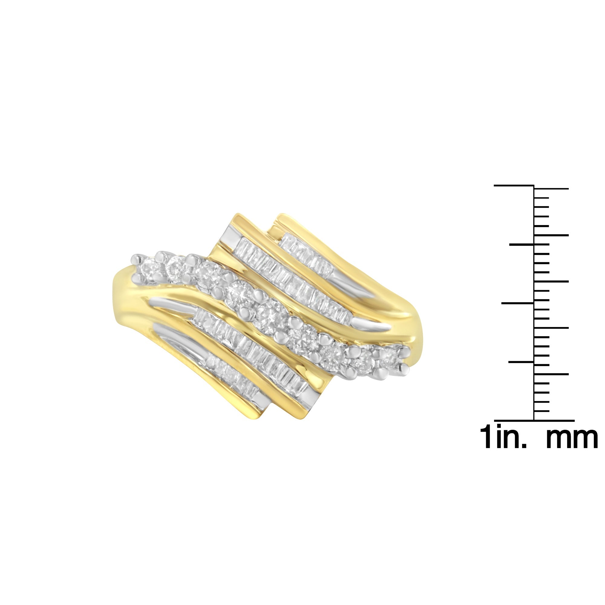 10K Yellow Gold Round and Baguette Diamond - Cut Ring (1/2 Cttw, I - J Color, I1 - I2 Clarity) - Tuesday Morning - Rings