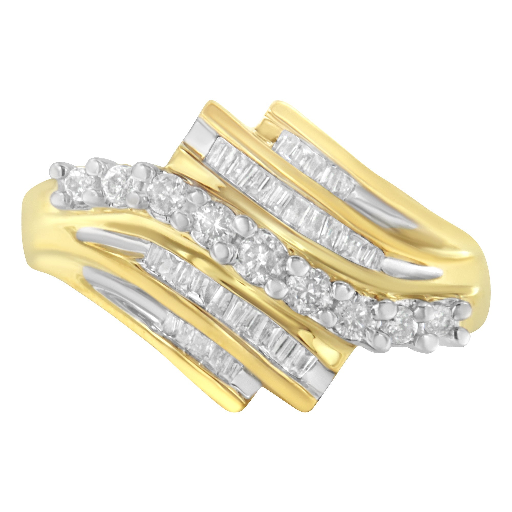 10K Yellow Gold Round and Baguette Diamond - Cut Ring (1/2 Cttw, I - J Color, I1 - I2 Clarity) - Tuesday Morning - Rings