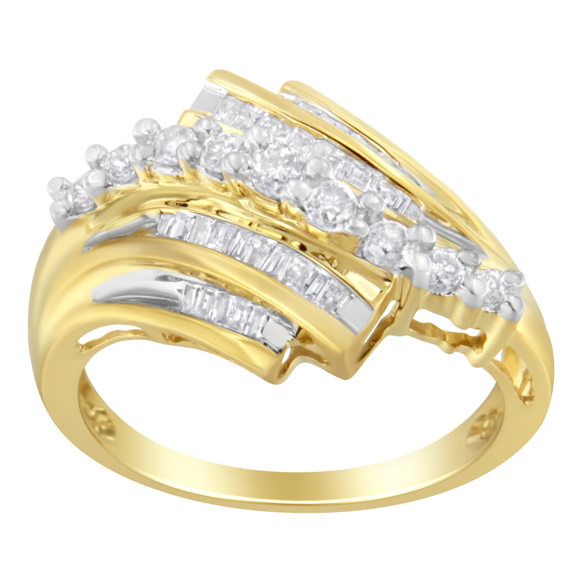 10K Yellow Gold Round and Baguette Diamond - Cut Ring (1/2 Cttw, I - J Color, I1 - I2 Clarity) - Tuesday Morning - Rings