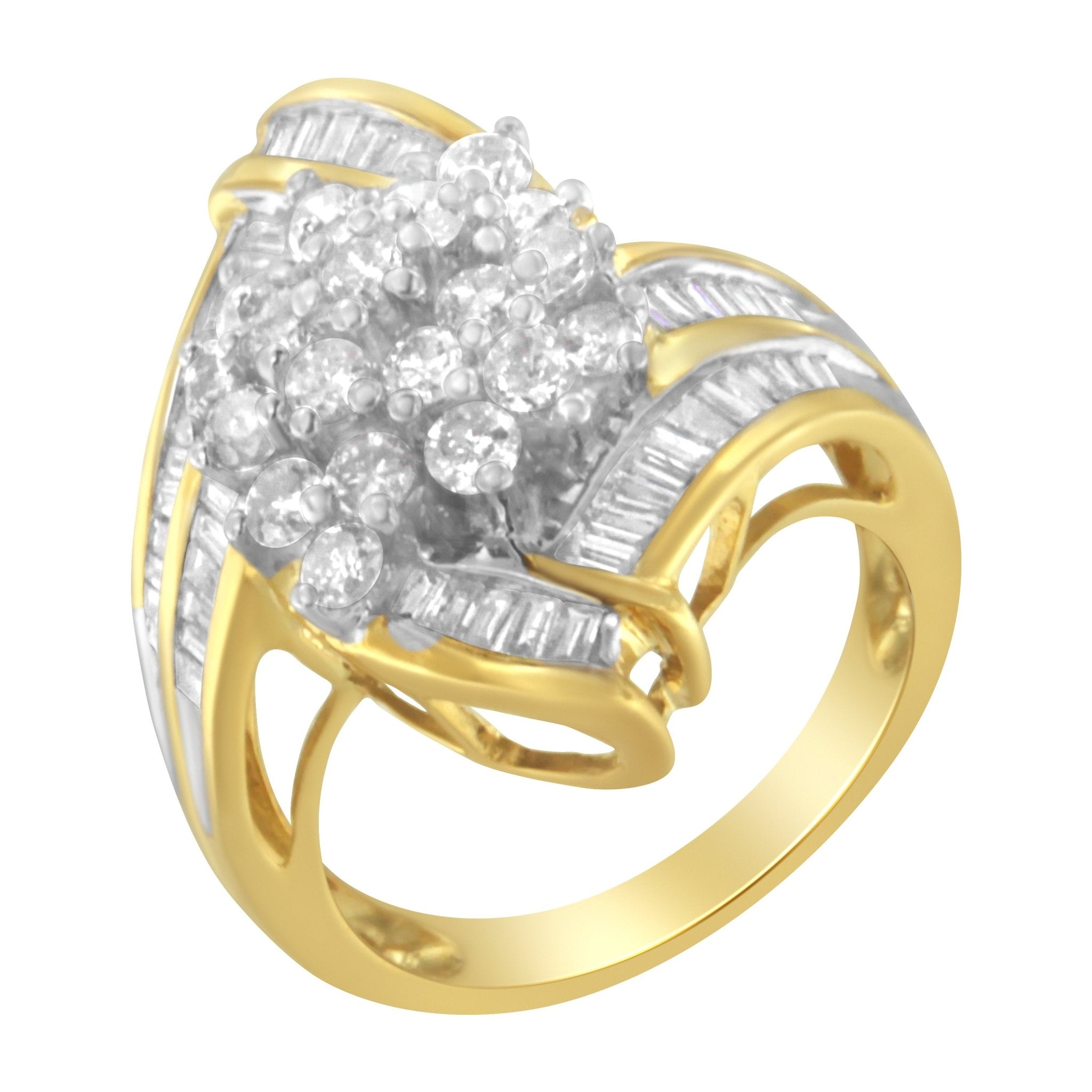 10K Yellow Gold Round and Baguette Diamond Swirl Ring (2.0 Cttw, J - K Color, I2 Clarity) - Tuesday Morning - Rings