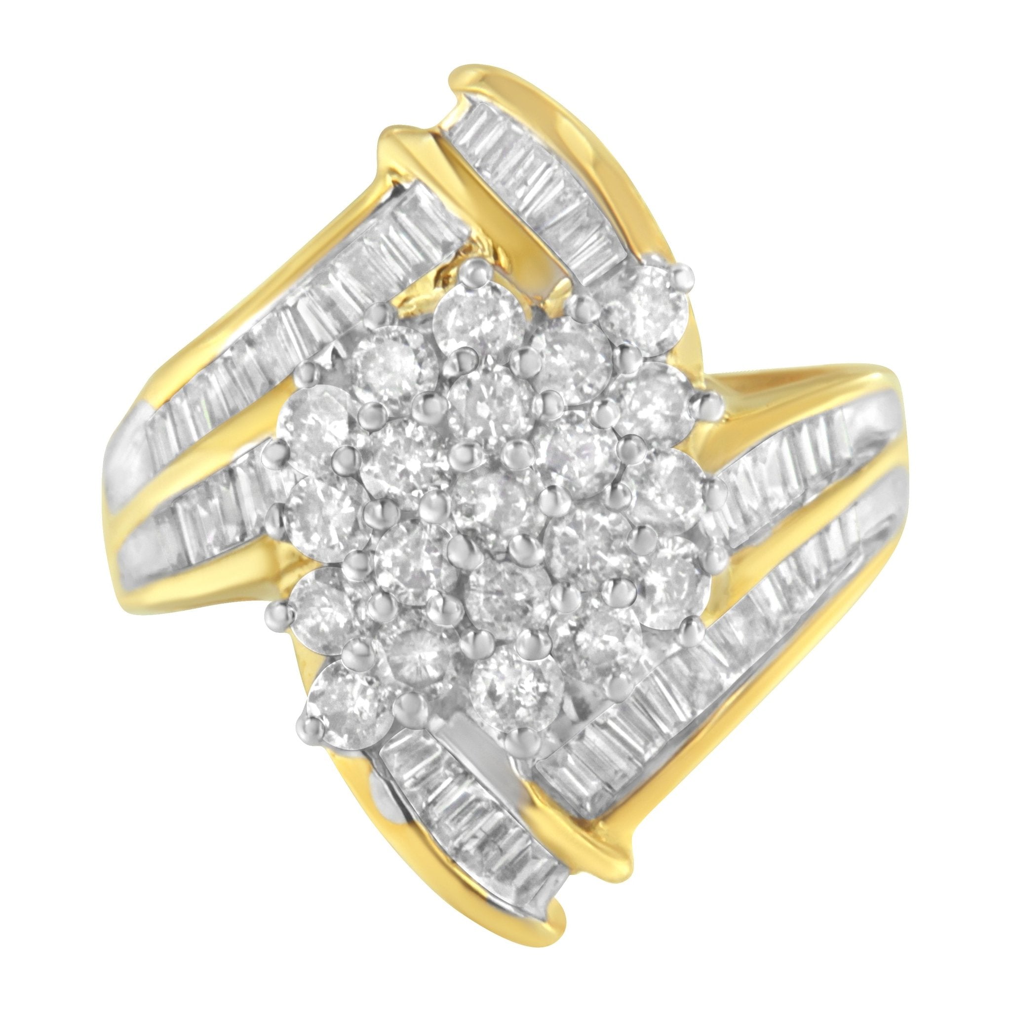 10K Yellow Gold Round and Baguette Diamond Swirl Ring (2.0 Cttw, J - K Color, I2 Clarity) - Tuesday Morning - Rings