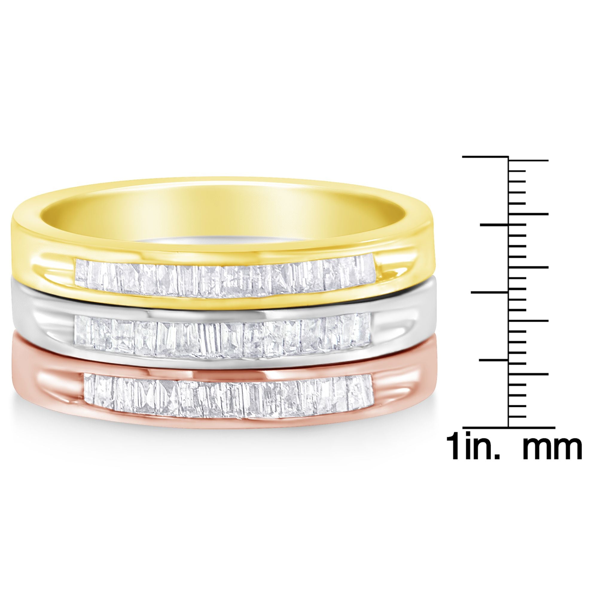 10K Yellow, White and Rose Gold over .925 Sterling Silver 5/8 Cttw Diamond Channel - Set Stackable Band Ring Set (H - I Color, I1 - I2 Clarity) - Tuesday Morning - Rings