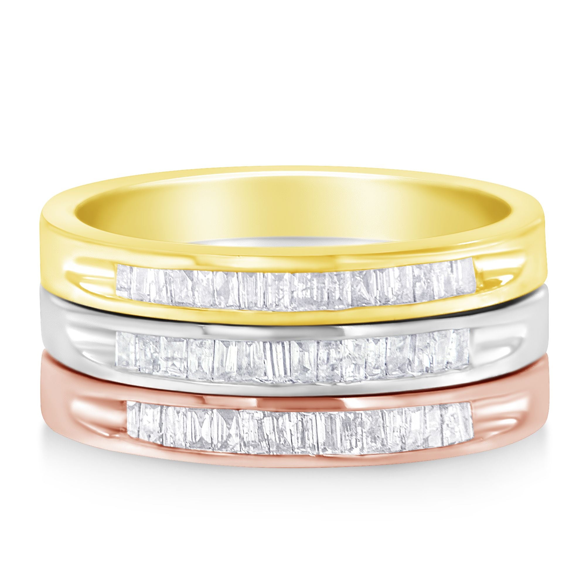 10K Yellow, White and Rose Gold over .925 Sterling Silver 5/8 Cttw Diamond Channel - Set Stackable Band Ring Set (H - I Color, I1 - I2 Clarity) - Tuesday Morning - Rings