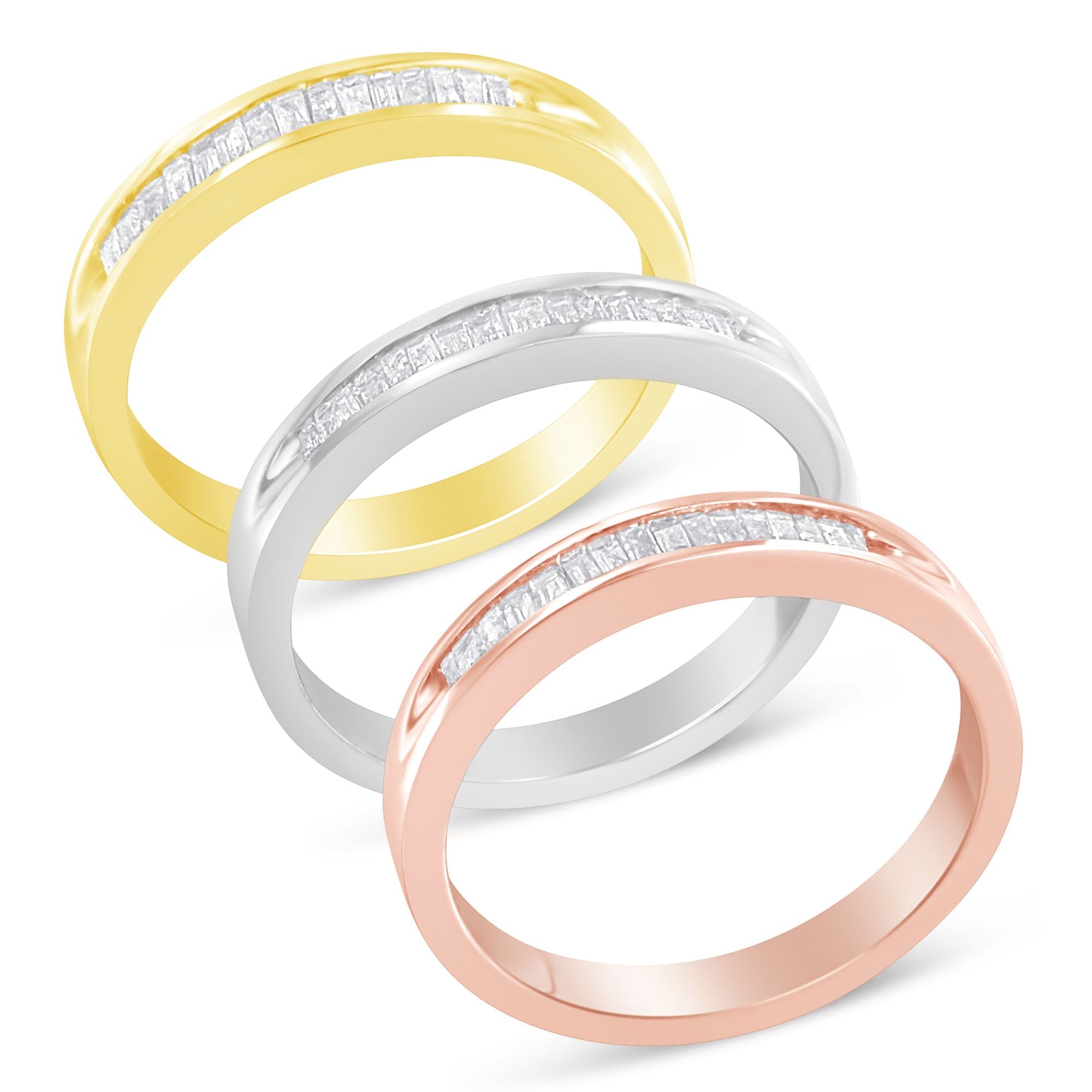 10K Yellow, White and Rose Gold over .925 Sterling Silver 5/8 Cttw Diamond Channel - Set Stackable Band Ring Set (H - I Color, I1 - I2 Clarity) - Tuesday Morning - Rings