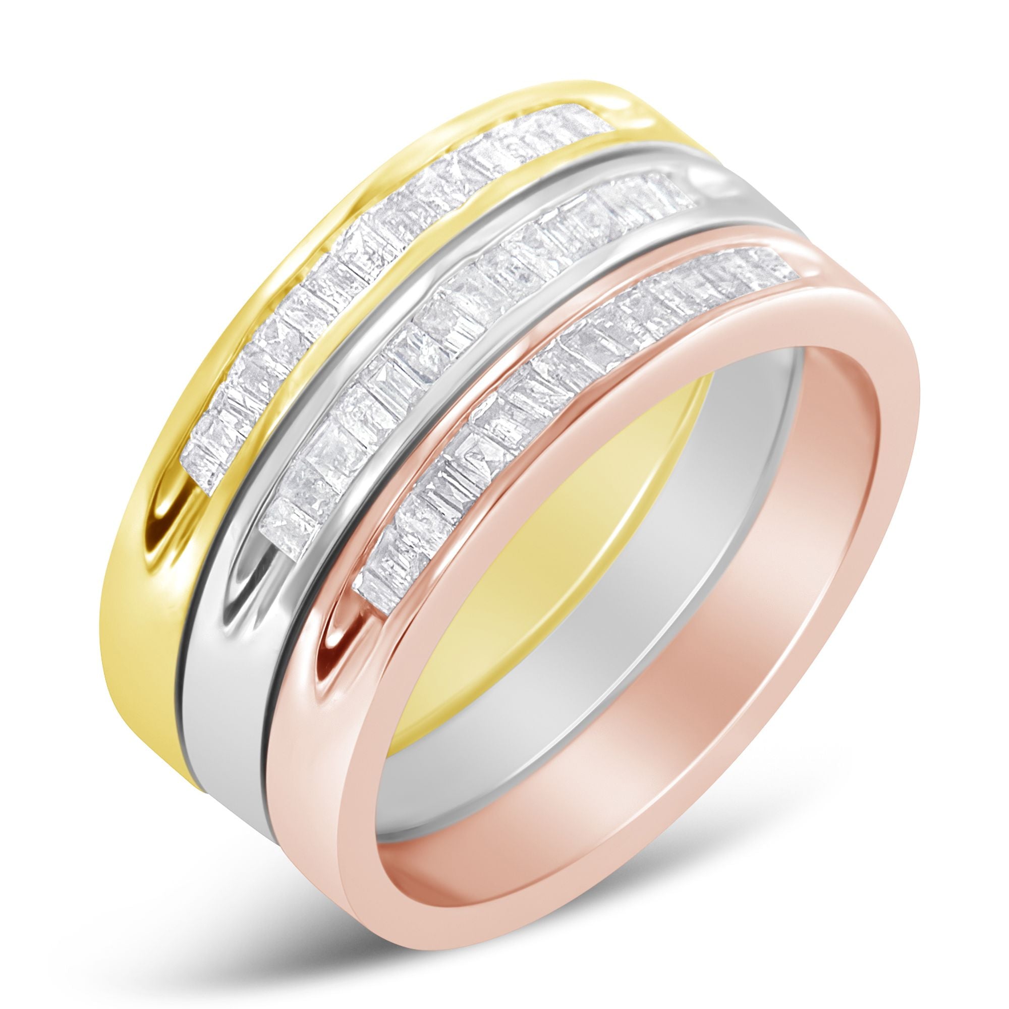 10K Yellow, White and Rose Gold over .925 Sterling Silver 5/8 Cttw Diamond Channel - Set Stackable Band Ring Set (H - I Color, I1 - I2 Clarity) - Tuesday Morning - Rings