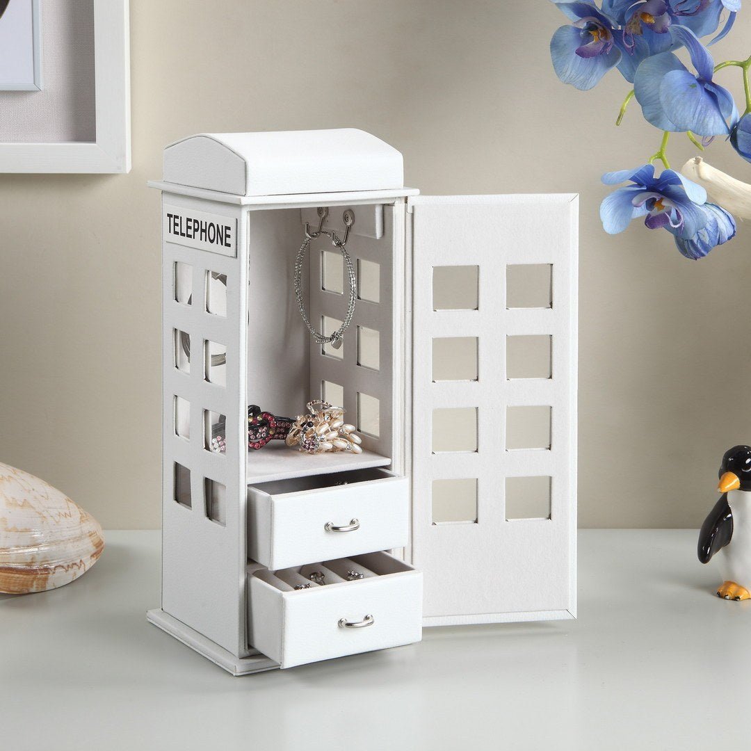 11.5 Tall Leather Jewelry Box, British Telephone Design, White - Tuesday Morning - Jewelry Boxes & Organizers