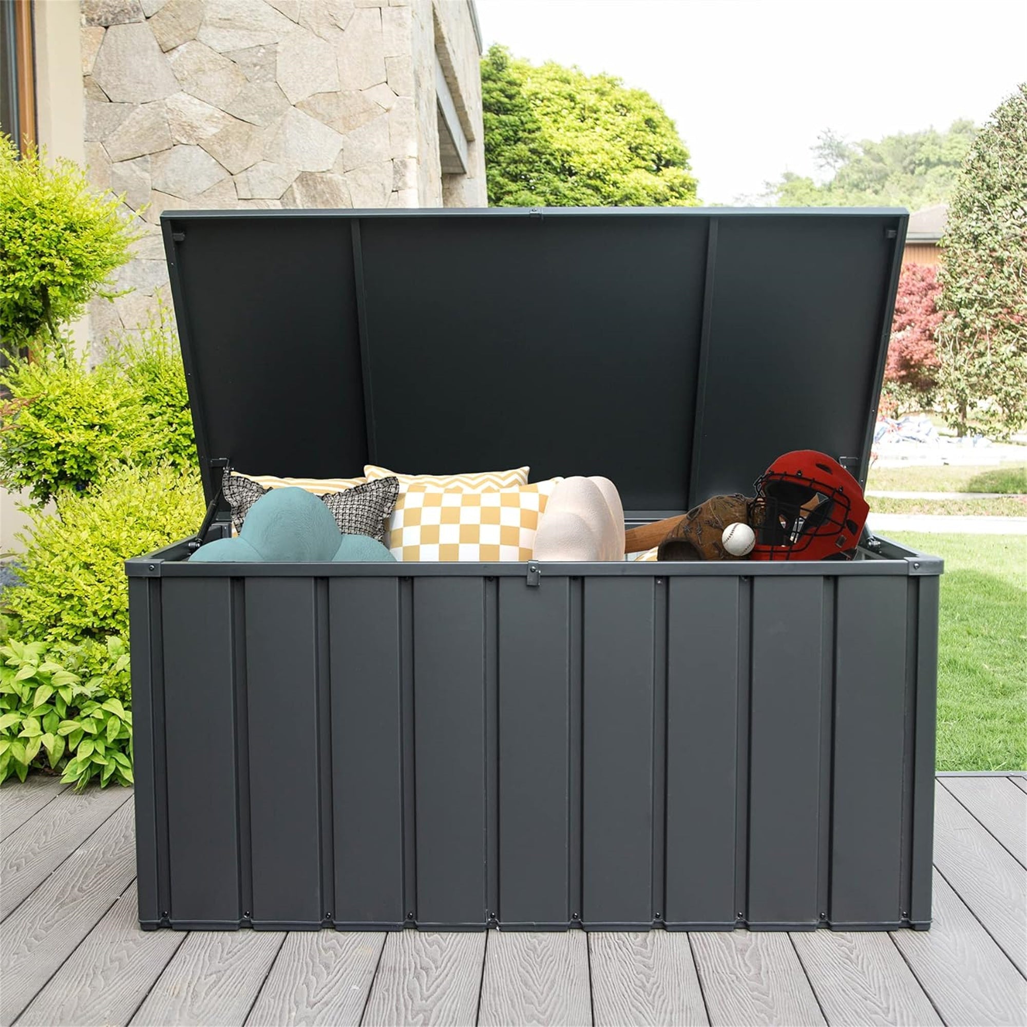 120 Gallon Outdoor Storage Deck Box Waterproof, Large Patio Storage Bin for Outside Cushions, Throw Pillows, Garden Tools, Lockable (Dark Gray) - Tuesday Morning - Outdoor Storage Boxes