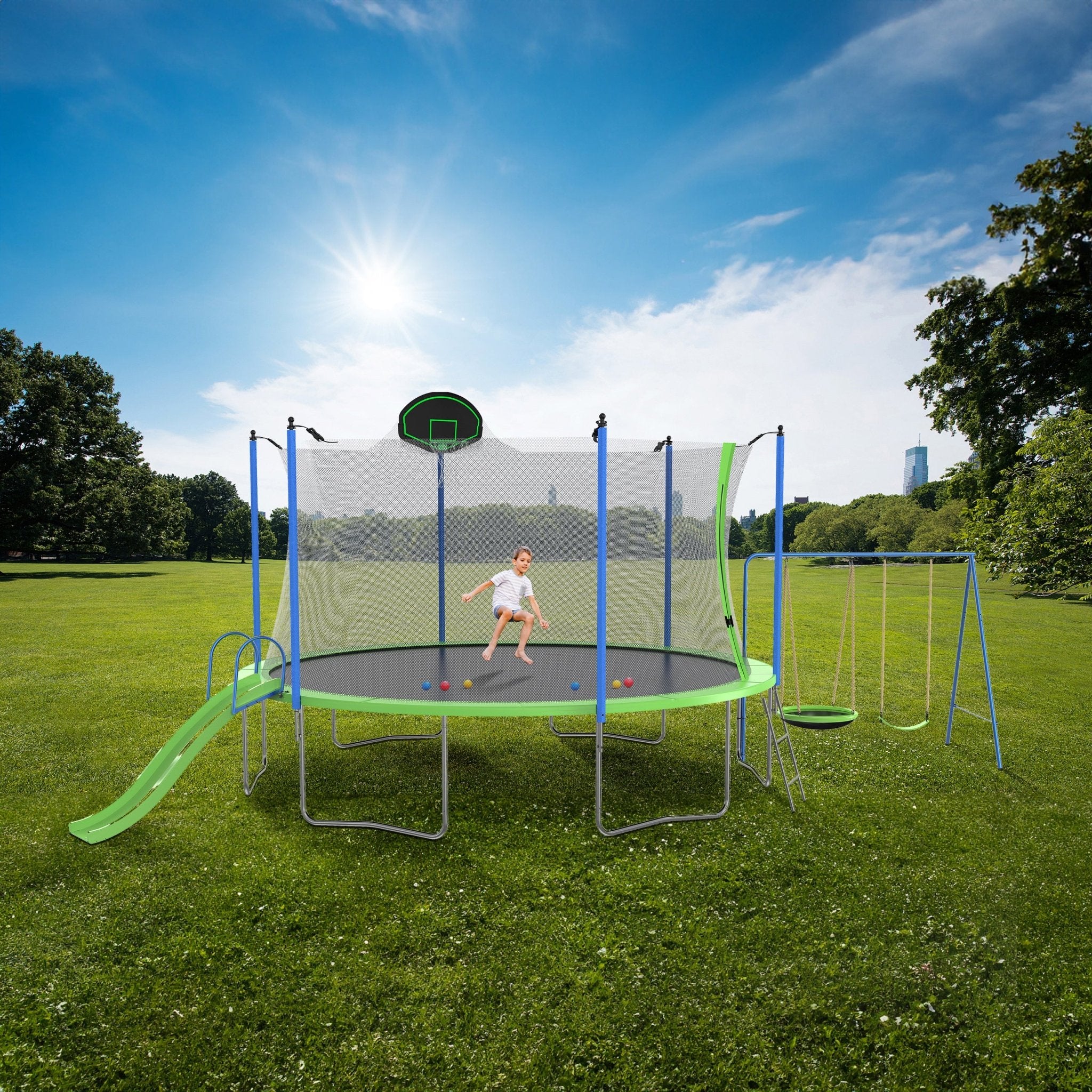 12FT Trampoline with Slide and Swings, ASTM Approved Large Recreational Trampoline with Basketball Hoop and Ladder,Outdoor Backyard Trampoline with Net, Capacity for Kids and Adults - Tuesday Morning - Swing Sets & Trampolines