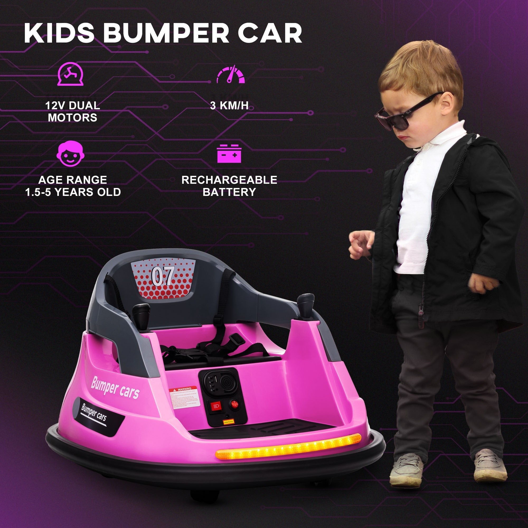 12V Bumper Car for Kids 1.5 - 5 Years Old, with 360 Degree Spin, Remote Control, LED Lights and Music, Pink - Tuesday Morning - Riding Toys