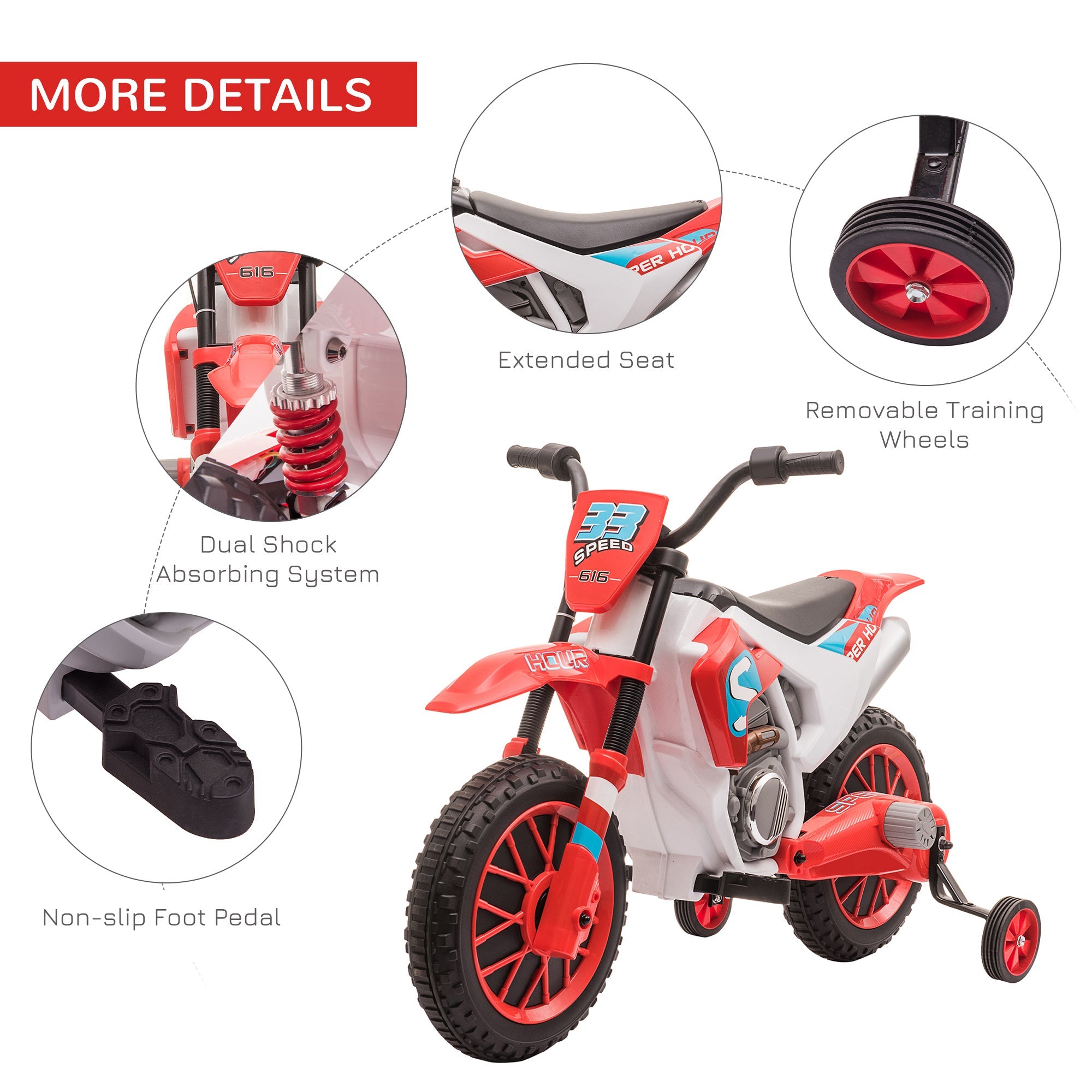 12V Kids Motorcycle Dirt Bike Electric Battery - Powered Ride - On Toy Off - road Street Bike with Charging Battery, Training Wheels Red - Tuesday Morning - Riding Toys