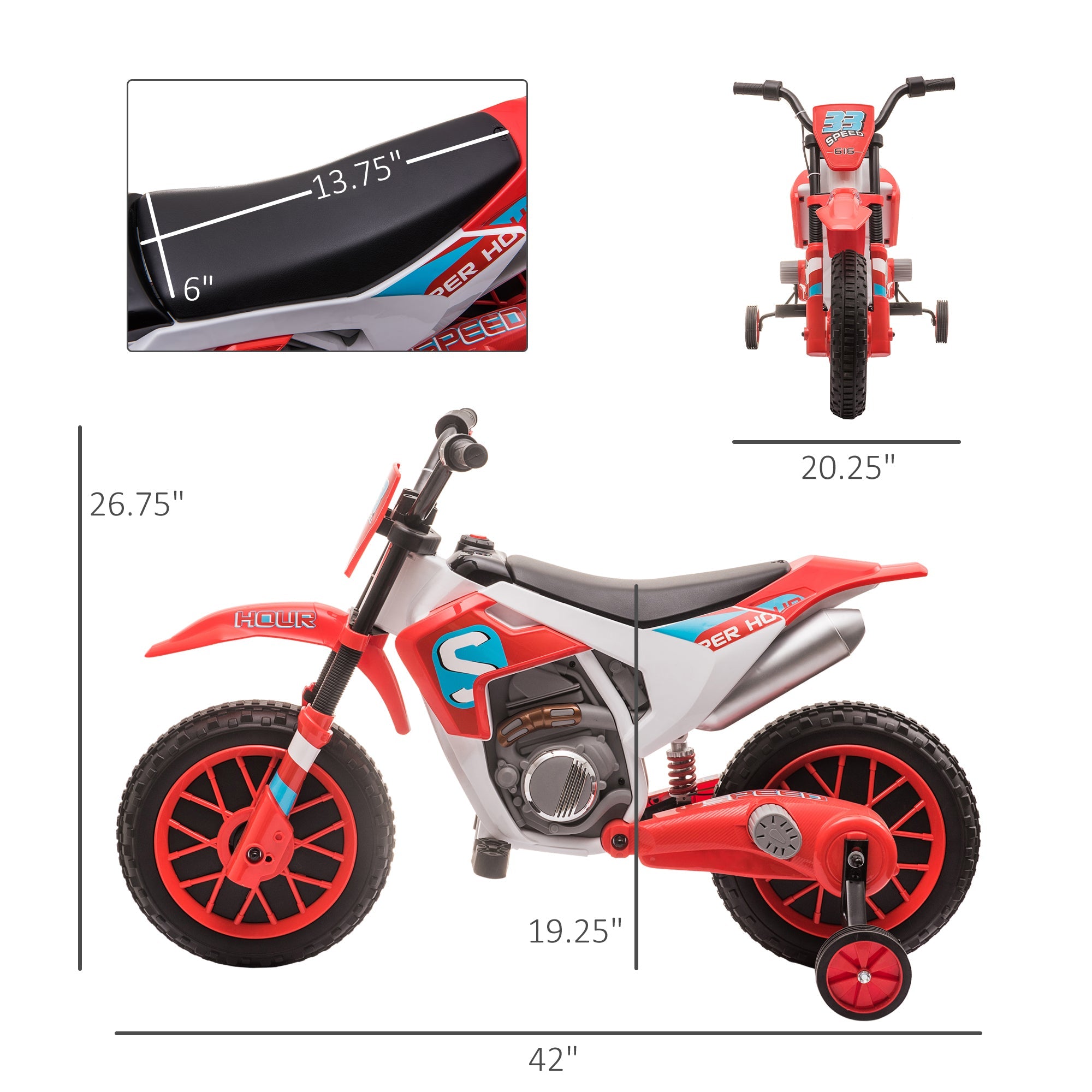 12V Kids Motorcycle Dirt Bike Electric Battery - Powered Ride - On Toy Off - road Street Bike with Charging Battery, Training Wheels Red - Tuesday Morning - Riding Toys