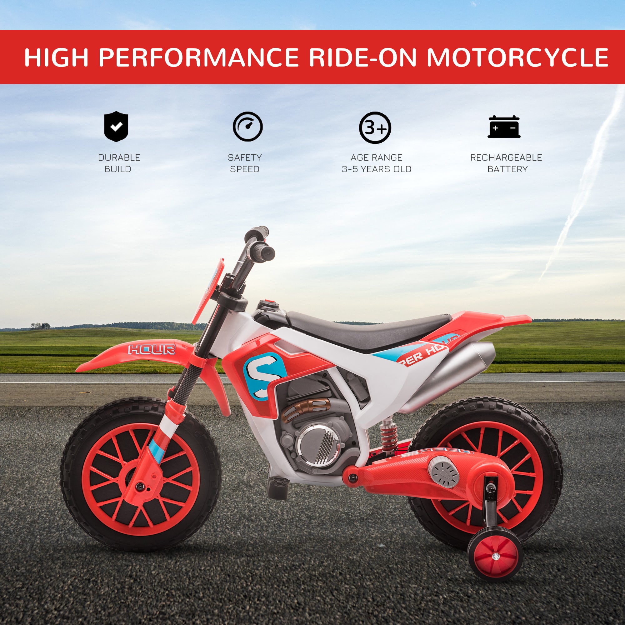 12V Kids Motorcycle Dirt Bike Electric Battery - Powered Ride - On Toy Off - road Street Bike with Charging Battery, Training Wheels Red - Tuesday Morning - Riding Toys