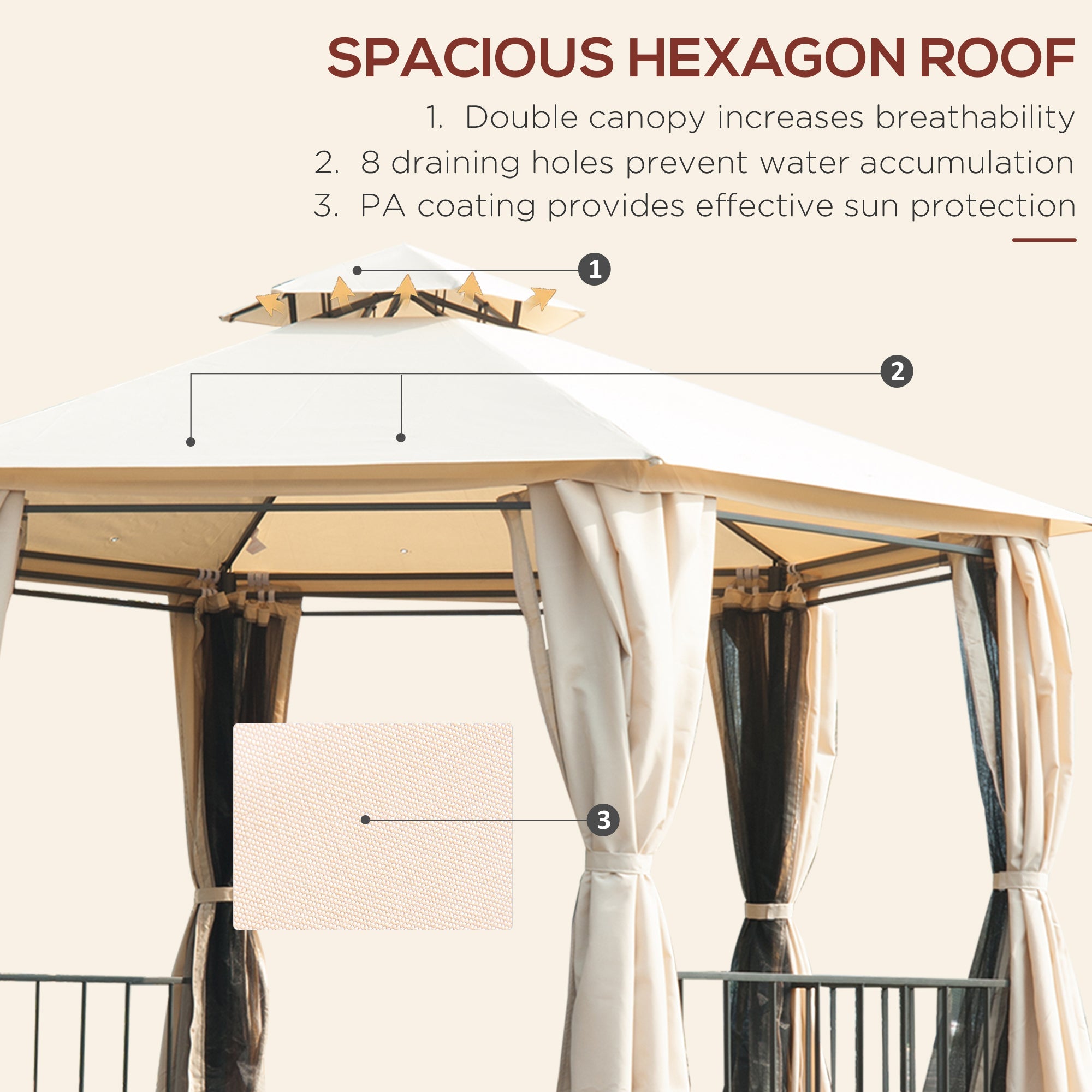 13' x 13' Patio Gazebo, Double Roof Hexagon Outdoor Gazebo Canopy Shelterwith Netting & Curtains, Solid Steel Frame, Beige - Tuesday Morning - Gazebos